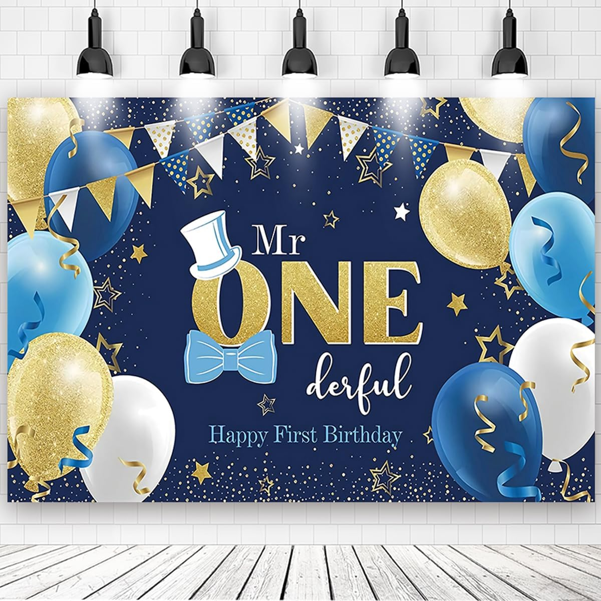Boys 1St Birthday Party Decoration Large First Birthday Backdrop Banner, One Year Old Party Decor Photo Prop Blue Gold image number 4