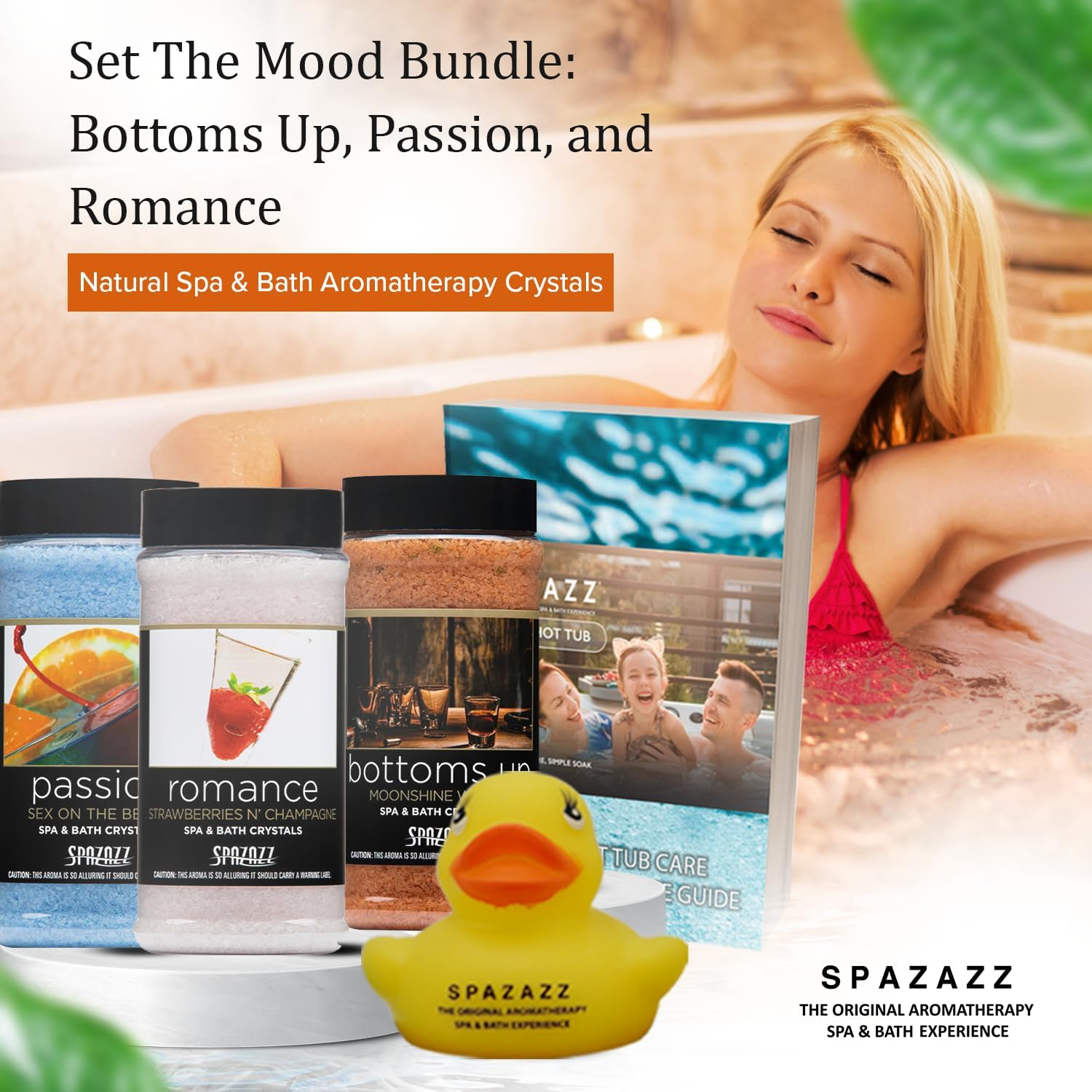 Spazazz Hot Tub Aromatherapy Set the Mood Gift Bundle &ndash; Three 17 Oz Bath Salts in Bottoms Up, Passion & Romance with Rubber Duck & Hot Tub Care Ebook image number 3
