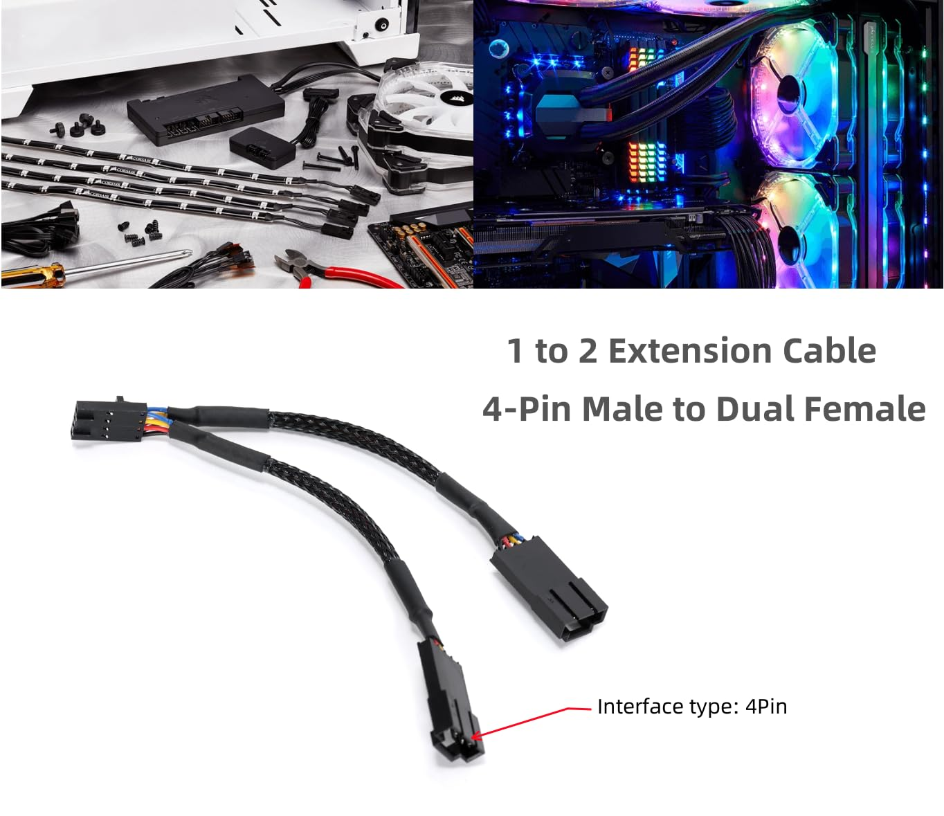 Ruimou 1Pcs Computer PC PWM Fan Splitter Cable 4Pin 1 Male to 2 Female (Cable Length 100Mm) Compatible with Corsair RGB Fan Hub/Corsair Lighting Node Pro/Conmander Pro Core image number 3