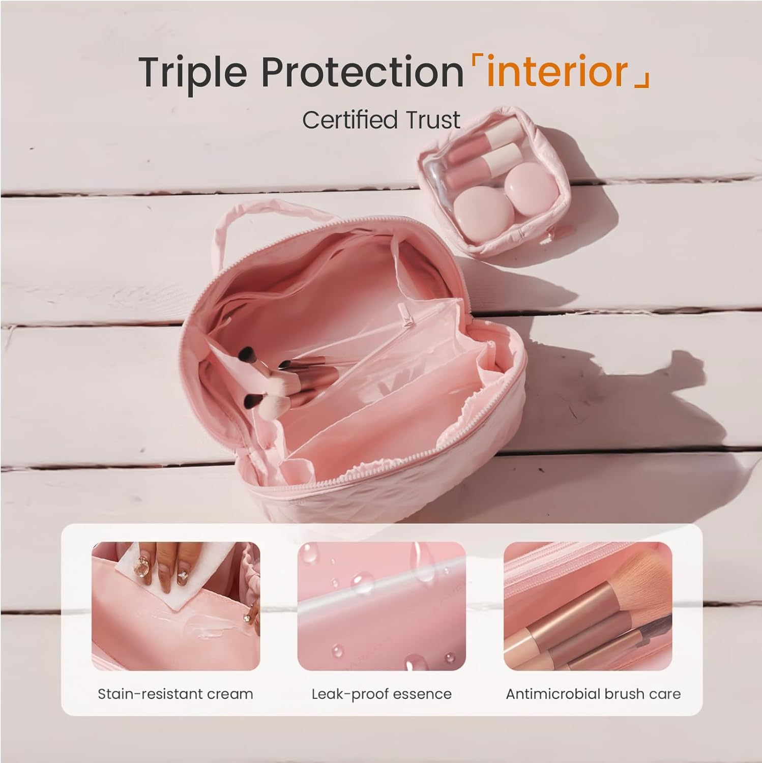 SZMDLX Waterproof Makeup Bag & Makeup Organizer - Travel Toiletry Bag, 180&deg; Lay-Flat Large Cosmetic Case, Puffy Padded Travel Organizer for Brushes & Cosmetics, Perfect Gifts for Women and Men（Pink） - Blue image number 2