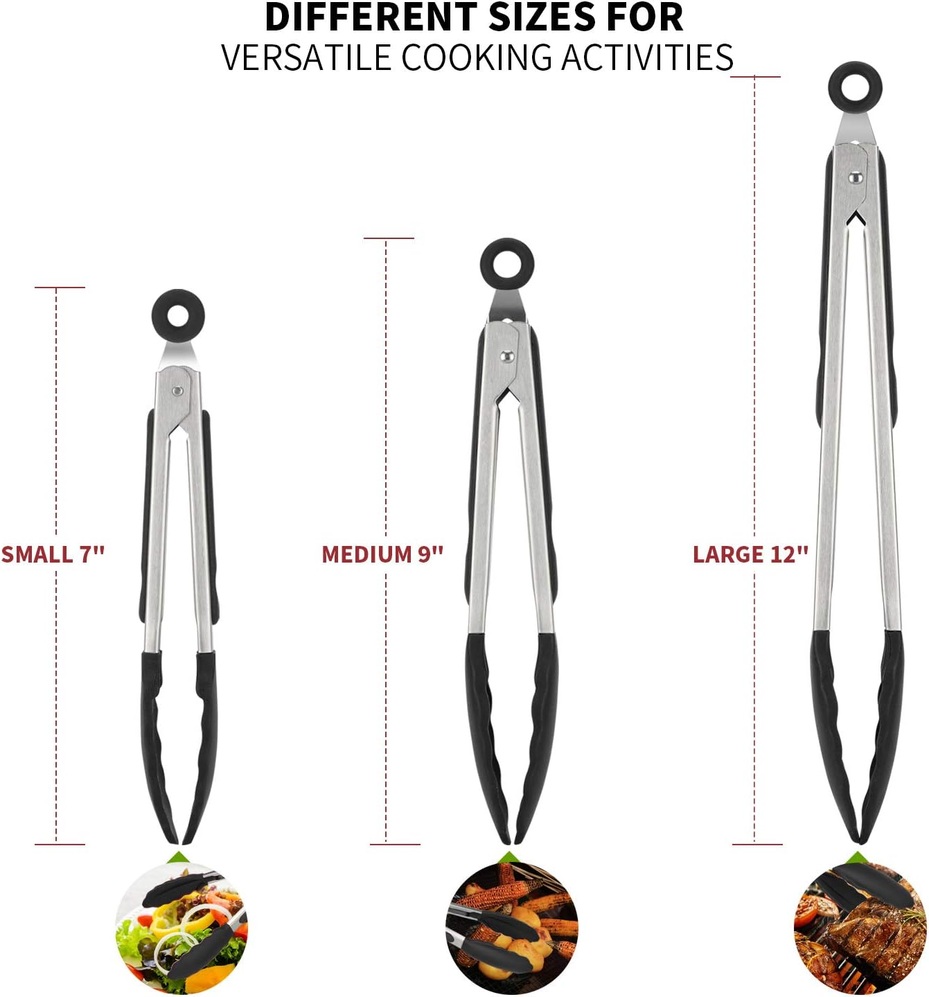 315℃ Heat Resistant Kitchen Tongs: U-Taste 18/8 Stainless Steel Cooking Tongs Set of 3, with Non-Stick Bpa-Free Silicone Tips, for Food Grill, Salad, BBQ, Frying, Serving, 18/23/30 Cm (Black) image number 3
