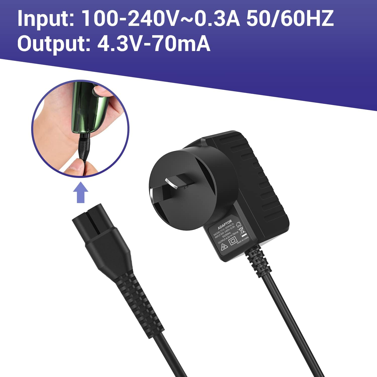 Electric Shaver 4.3V Adapter Power-Supply Cord for Philips A00390 and for Philips Norelco Oneblade Charger QP2520 Compatible with QP2520/90, QP2520/70, QP2520/72 image number 4