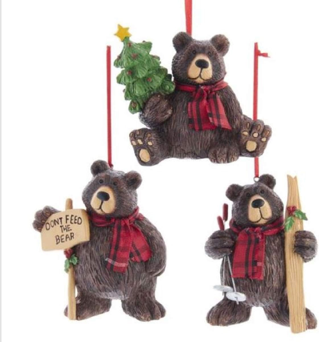 Kurt Adler Lodge Bears in Red Plaid Scarves Christmas Holiday Ornaments Set of 3