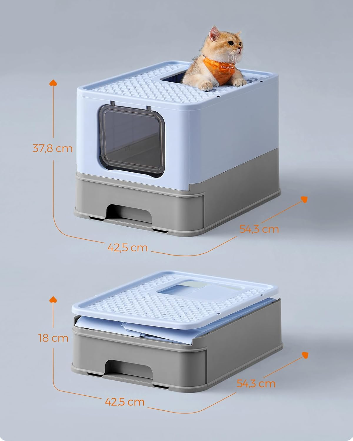 Feandrea Hidden Cat Litter Box, Cat Litter Tray with Hood, Slide-Out Tray, Scoop, Brush, Spacious for Large Cats, Max. Load 15 Kg, Anti-Tracking, Anti-Leaking, Pale Blue and Dove Grey PPT001Q01 image number 6