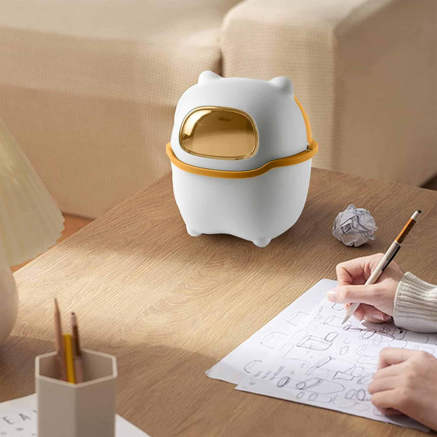 Mini Desk Trash Can Flip Countertop Garbage Bin Small Trash Can Bathroom Trash Cans with Lids for Kitchens, Offices, Waste Basket for Dressing Table (Yellow) image number 2