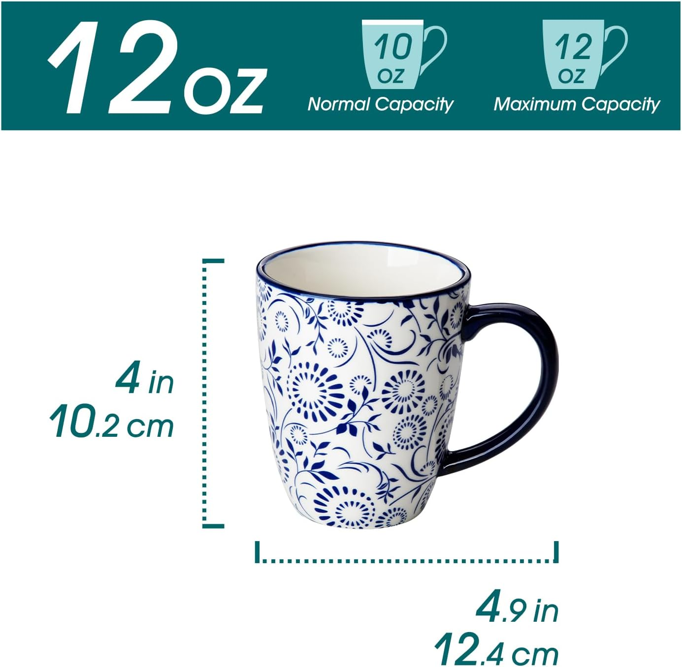 Vancasso Selene Coffee Cups Set of 6 Porcelain Mugs, 360 Ml Coffee Cups with Handle, Cup for Coffee, Milk, Tea & Cocoa, Vintage Blue/White