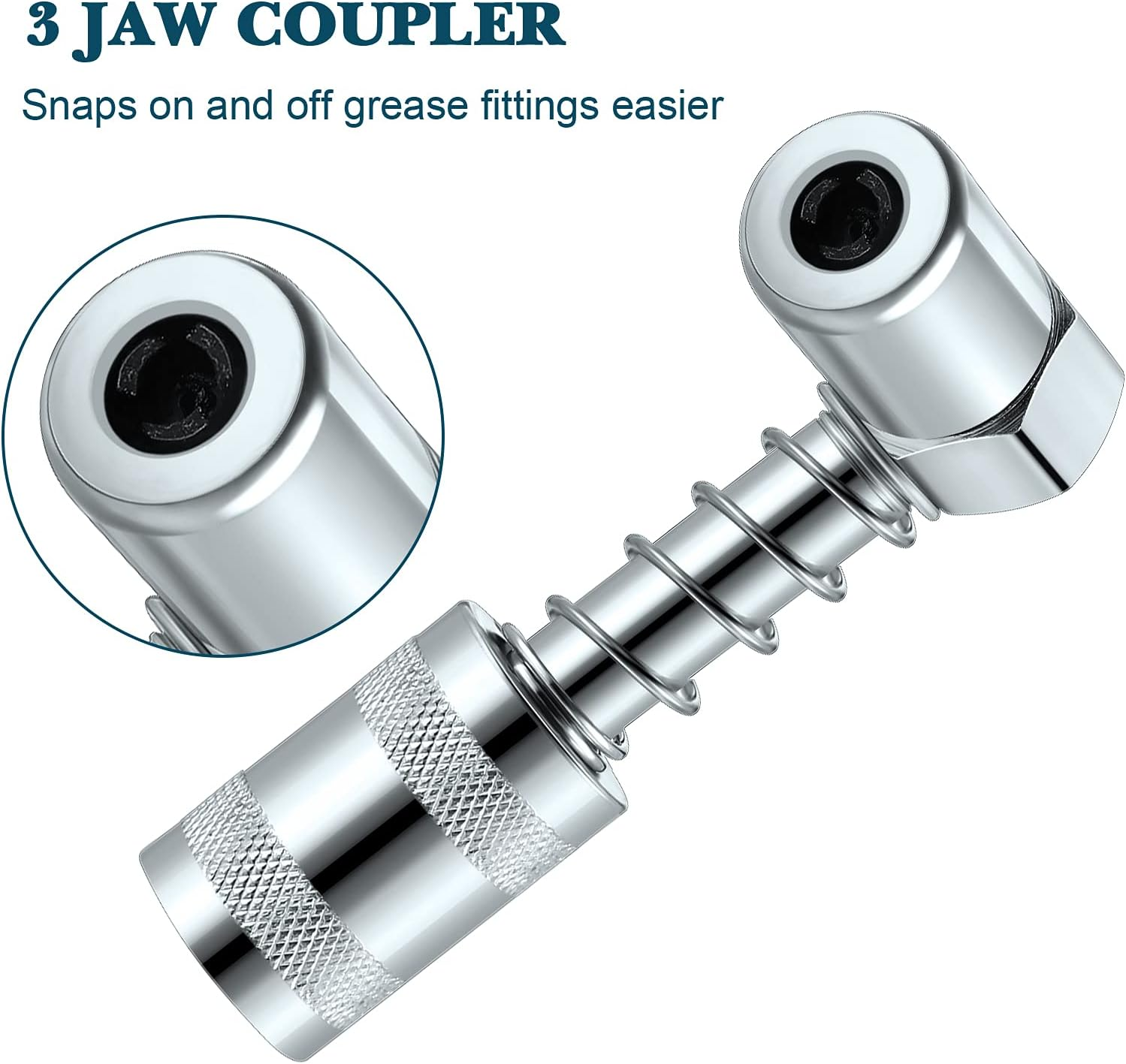 Silver 90 Degree Grease Coupler Gun Adapter 90 Degree Grease Gun Coupler Grease Gun Fittings Grease Gun Tips 3 Jaw Angle Swivel Snap Right Fitting Tool for Farm Truck Auto Industrial Use(2 Pieces) image number 5