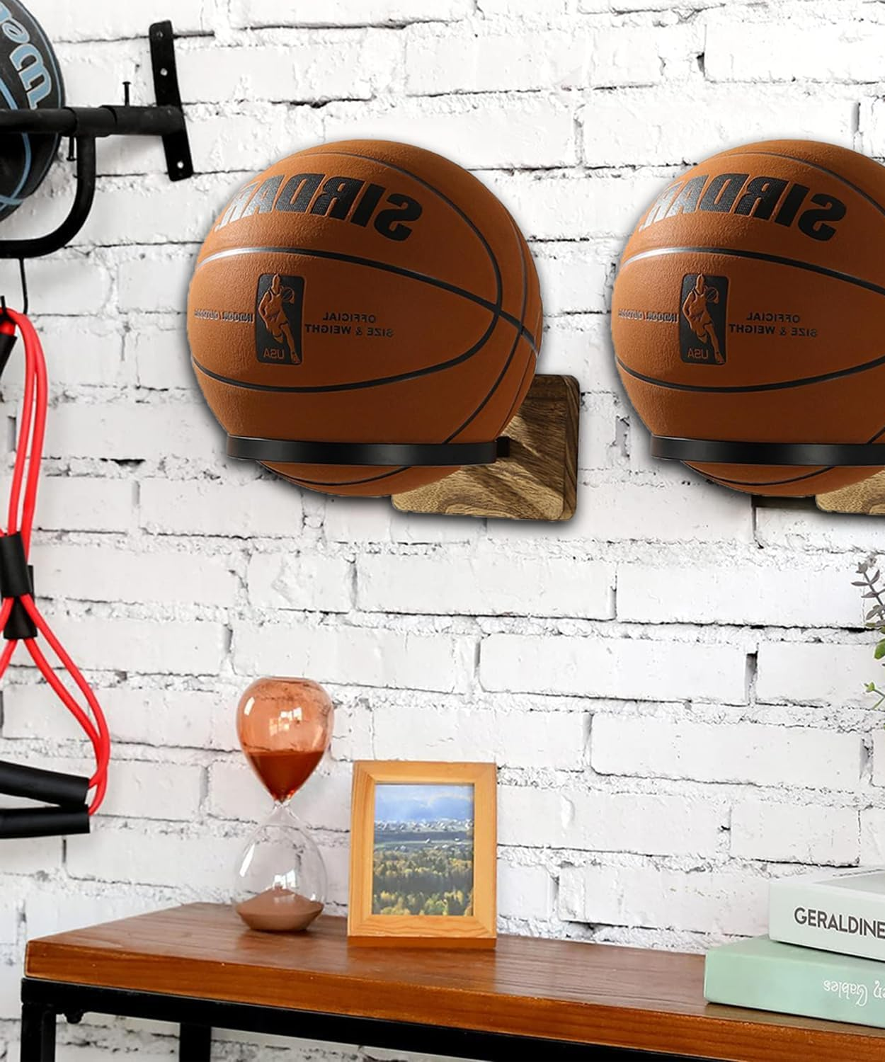 4 Pack Wall Mount Basketball Holder with Wood Base &ndash; Ball Display Rack for Basketball, Football, Soccer, Volleyball &ndash; Sports Ball Storage Organizer for Athletes & Fans image number 6