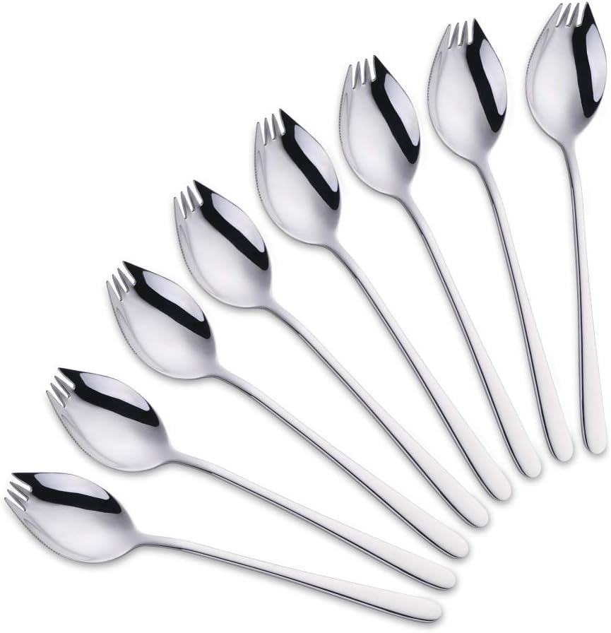 SBOMHS Titan Spork Metal Spork Stainless Steel 8 Pieces 3 in 1 Fork Spoon Knife Combination Silver Serrated Spork Length 19 Cm to Go Camping Cutlery Travel Outdoor Picnic