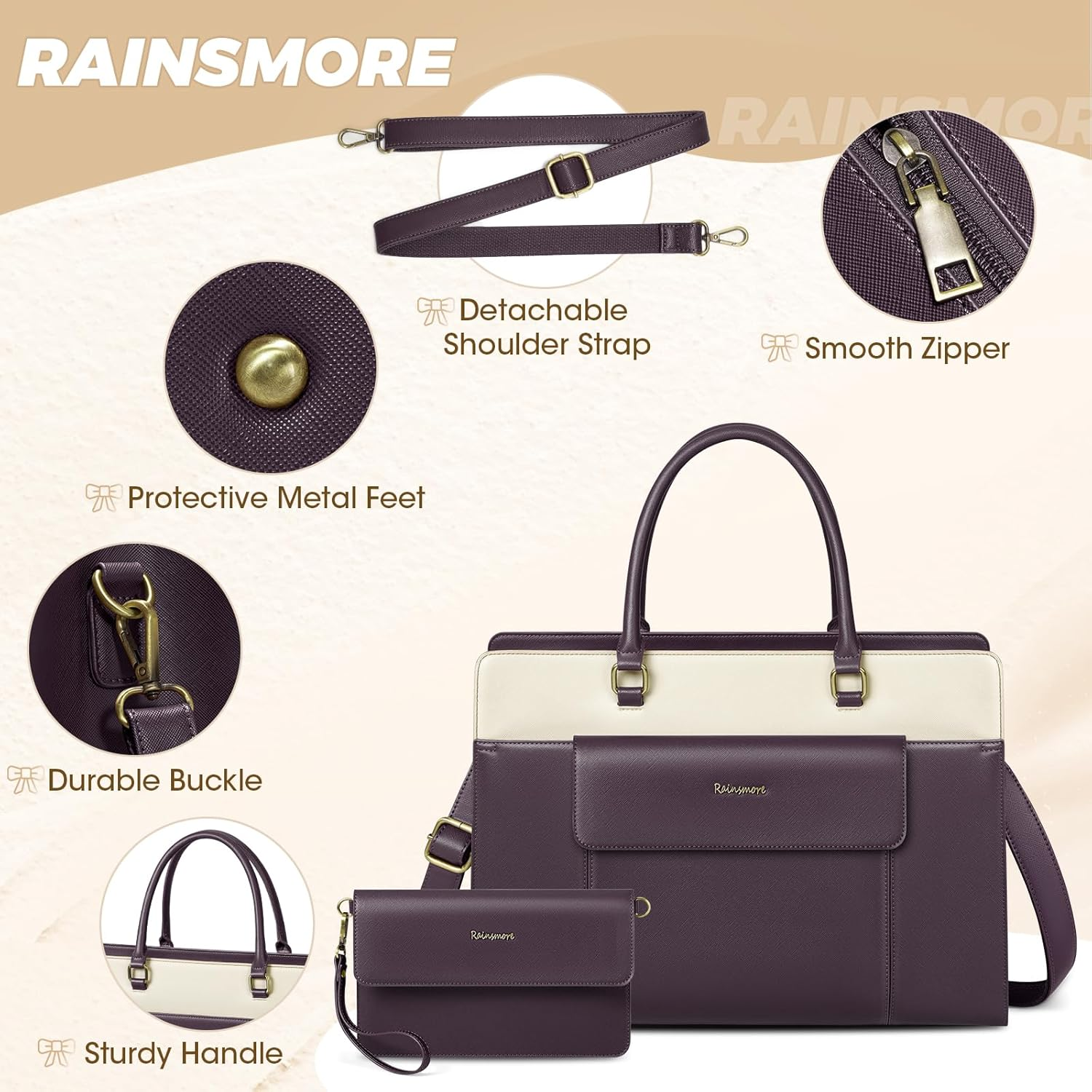 RAINSMORE Laptop Bag for Women 15.6 Inch with Clutch Purse, 15.6 Inch image number 2