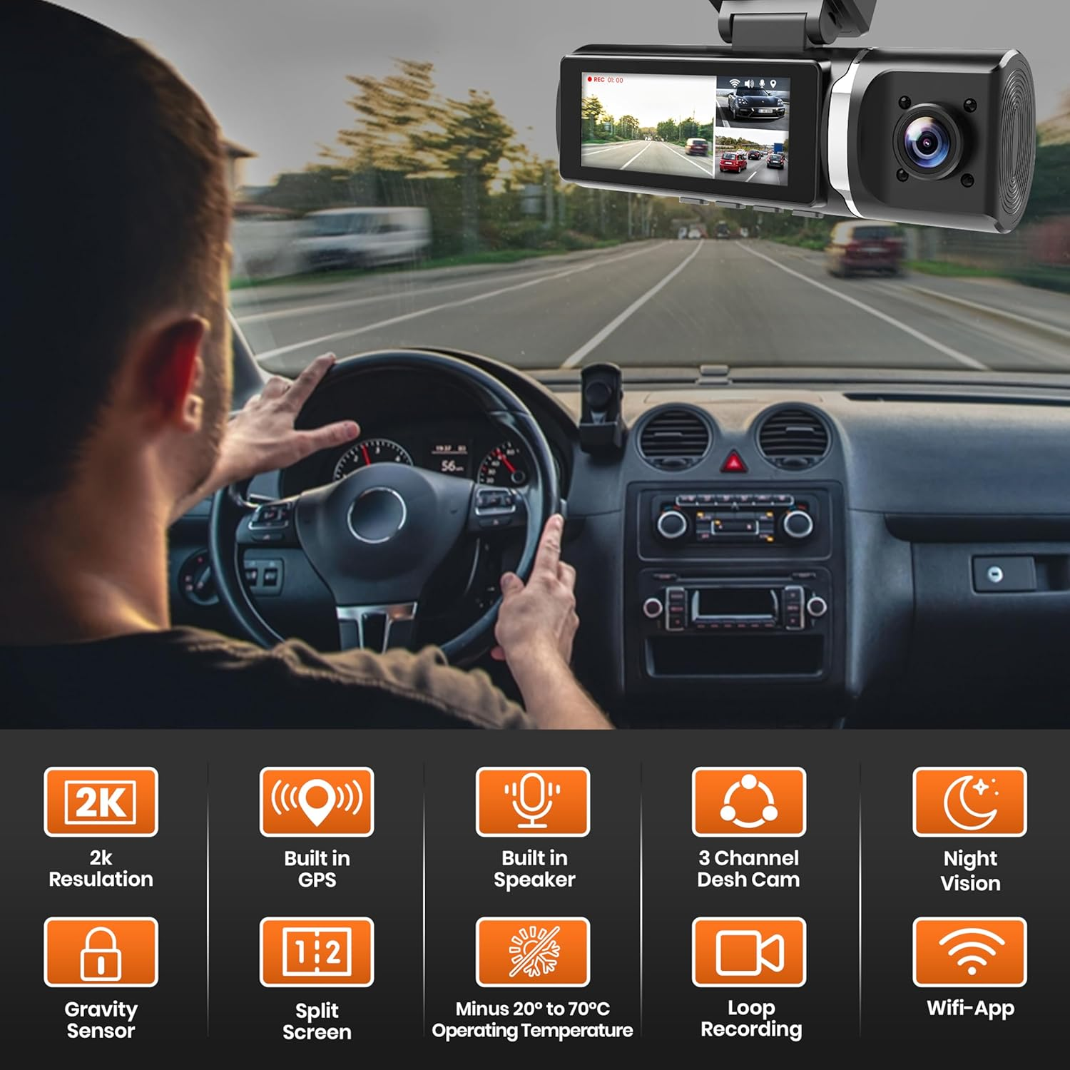 3 Channel Dash Cam Front and Rear, 3.2&rsquo;&rsquo; IPS Screen, Three Way Triple Dashcam for Cars, 1440P+1440P+1080P with STARVIS IR Night Vision, 24H Parking Mode, Motion Detection, WDR image number 3