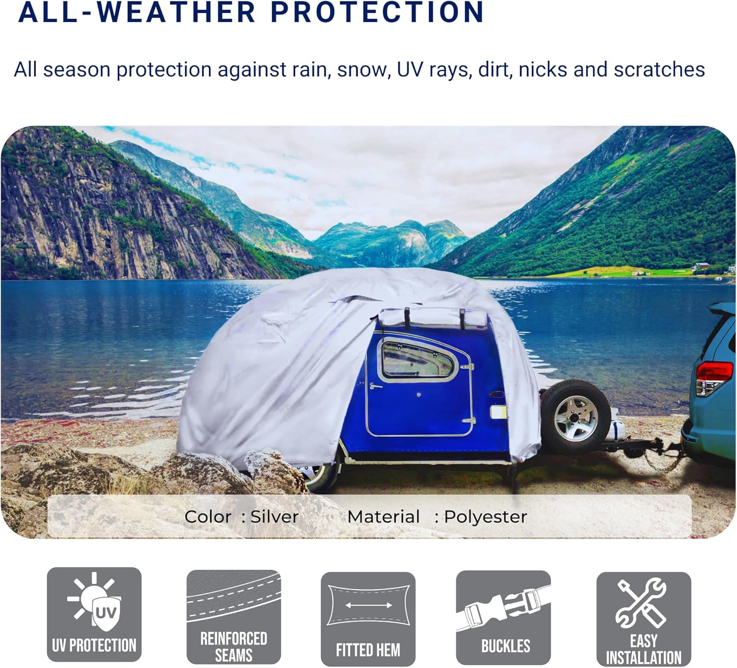 Eliteshield Shieldall Ultimate Teardrop Trailer Cover, Waterproof UV Protection Teardrop Travel Trailer Camper Cover Fits 8 Feet to 10 Feet Long, 5.5 Feet Wide Silver Color image number 4