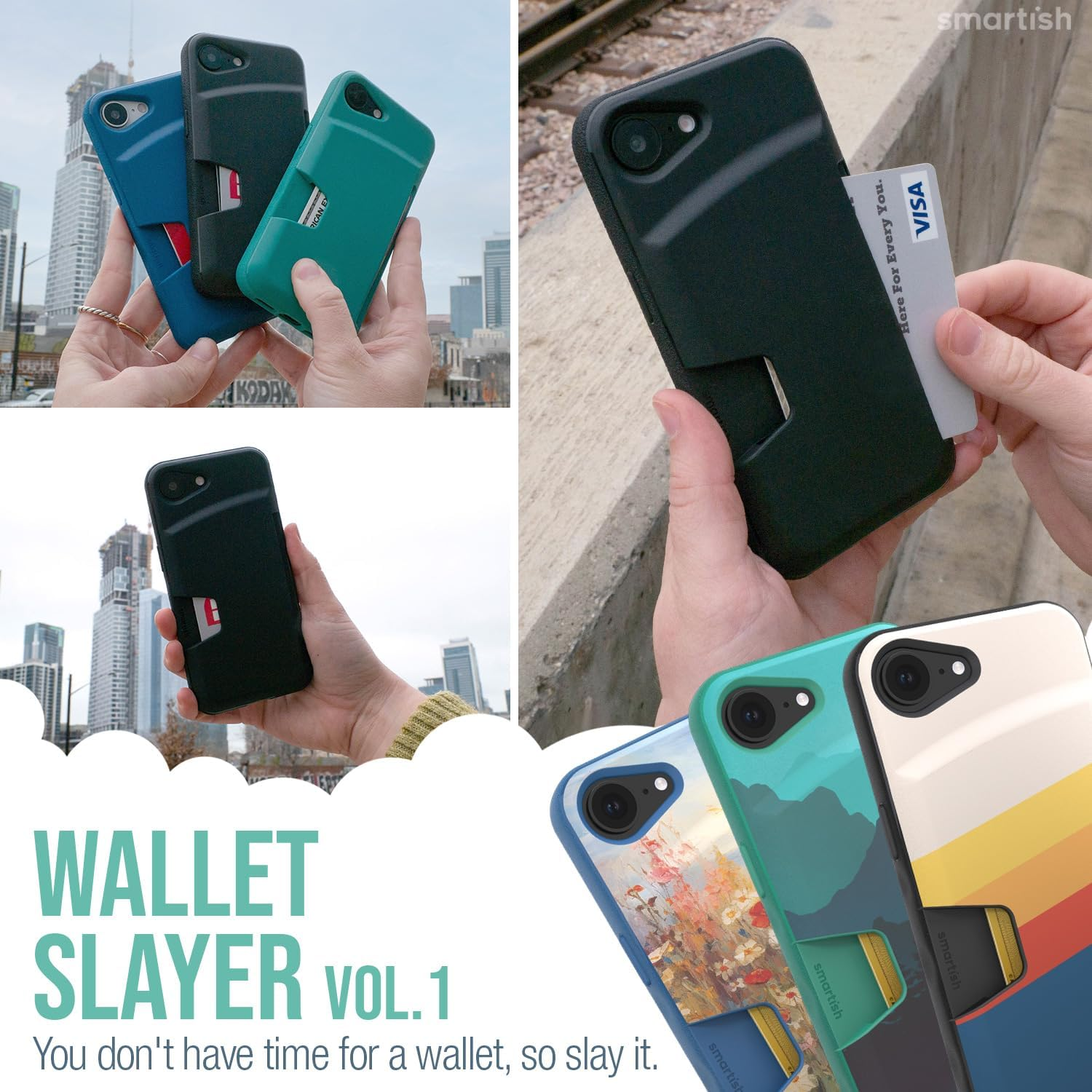 Smartish&reg; Iphone 16E Wallet Case - Wallet Slayer Vol. 1 [Slim + Protective] Credit Card Holder - Drop Tested Hidden Flip Card Slot Cover Compatible W/Apple Iphone 16E 2025 - Blues on the Green image number 1