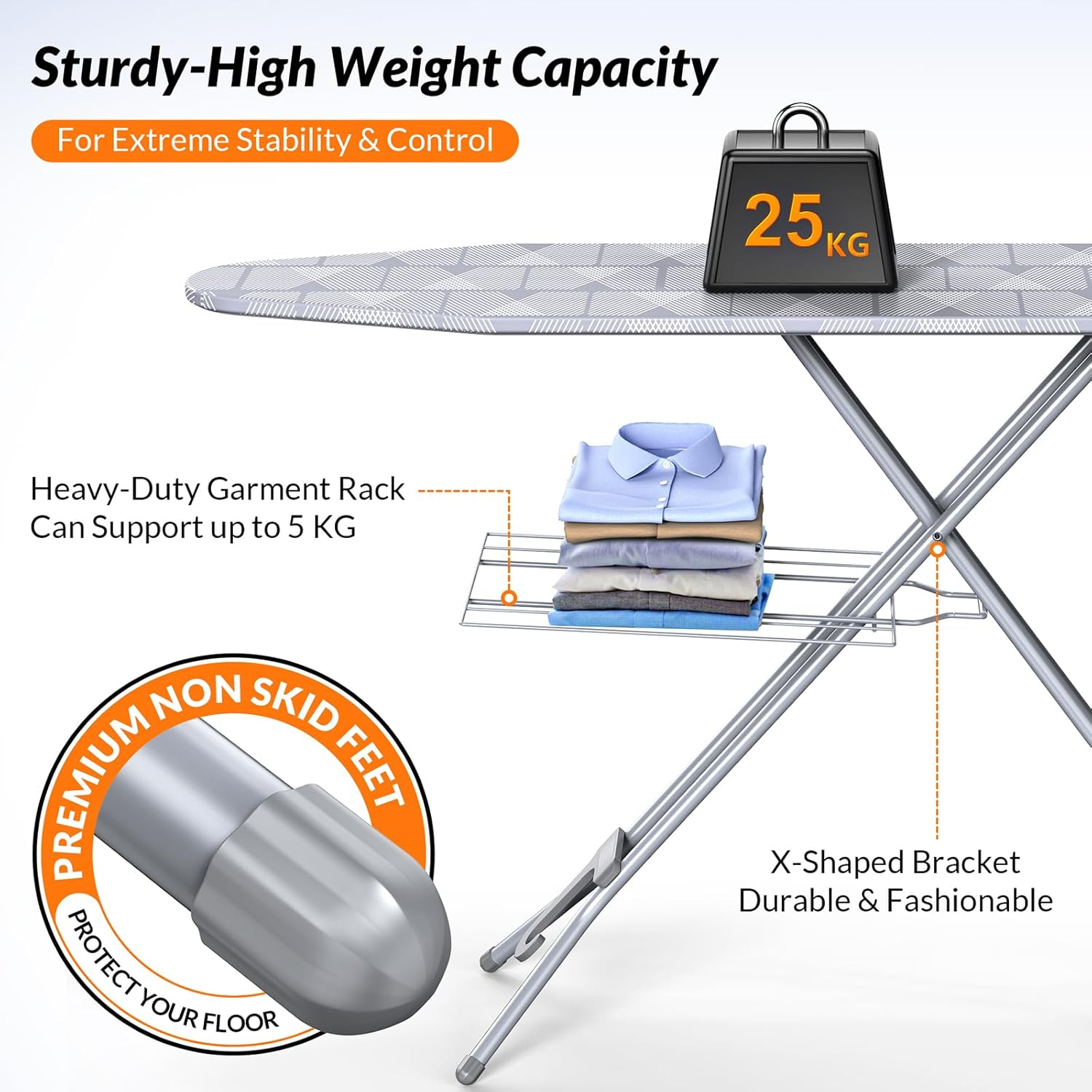 Hormes Ironing Board, 145X38Cm Iron Board with Steam Iron Rest, 7 Adjustable Height Foldable Ironing Boards with Removable and Washable Cover, Wall Mount Hanger for Space-Saving Storage Home Use, Grey image number 5