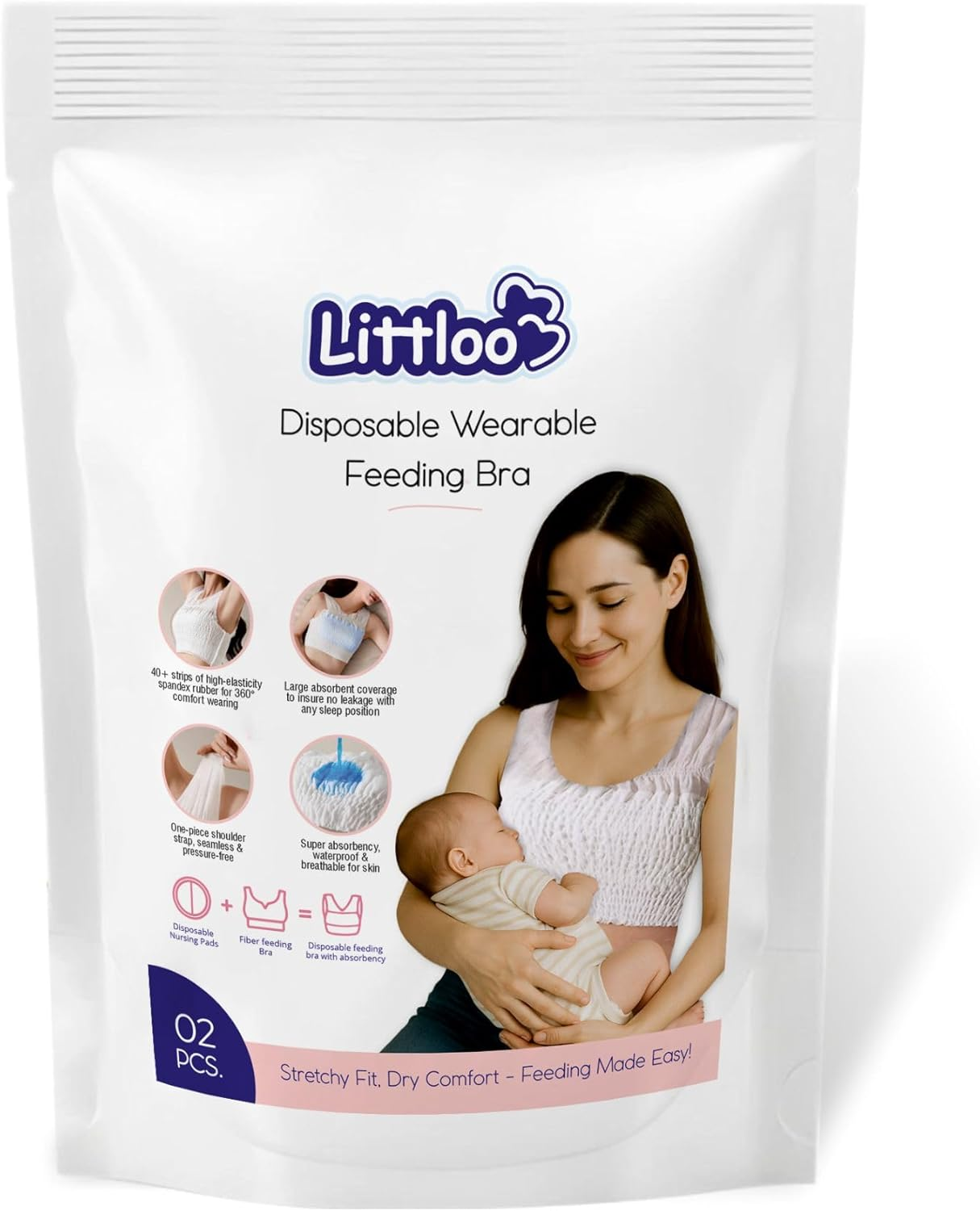 LITTLOO Disposable Wearable Feeding Bra | Super Absorbent & Breathable | One-Piece, Pressure-Free, Elastic Fit for Nursing Mothers &ndash; 2 Pcs White image number 4