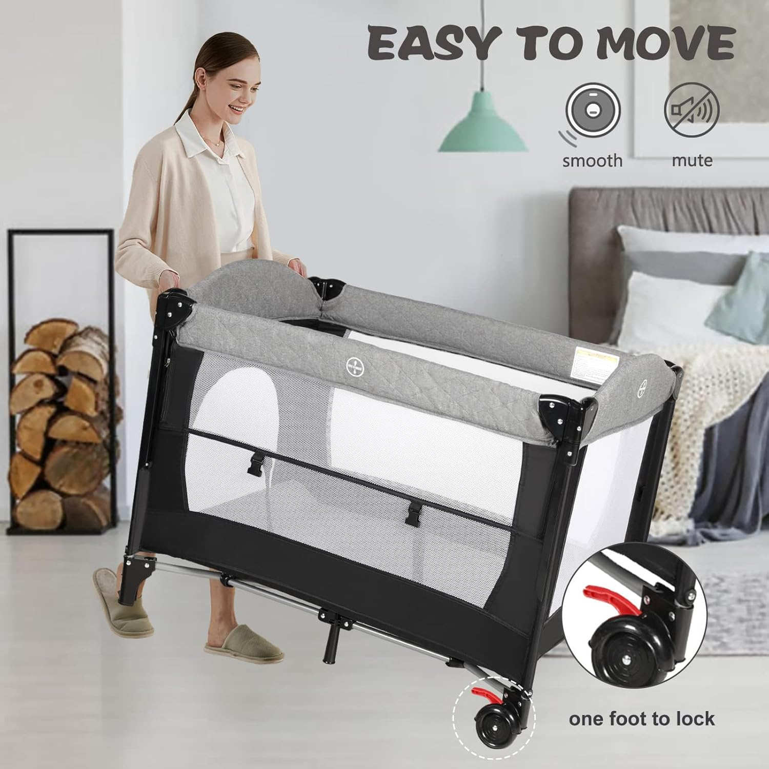 Portable Baby Crib, Foldable Baby Portacot, 4 in 1 Portable Nursery Cente, Foldable Travel Playard with Changing Table, Bassinet, Soft Mattress, Hanging Toys and Carry Bag