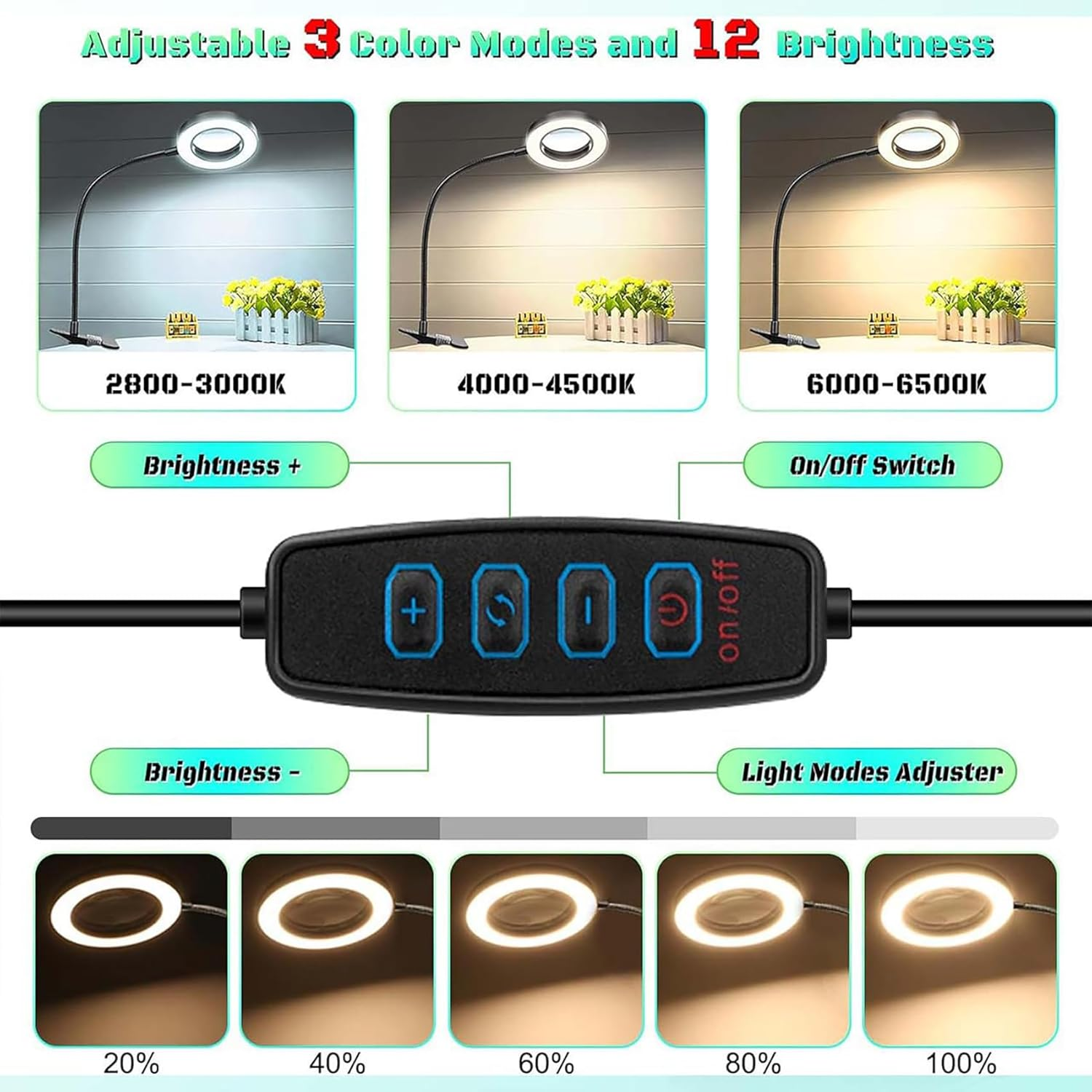 Magnifying Glass with Light, Adjustable Gooseneck Reading Lamp, 10X 48 LED Desk Lamp with Clamp, 3 Modes Dimmable LED Lamps for Bed Work Crafts DIY Repair image number 6