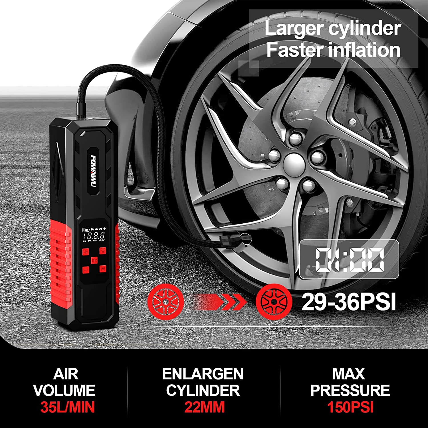 FOWAWU Car Tyre Inflator 150PSI 7800Mah,Portable Air Compressor Tire Inflator Electric Bike Pump with LED Flashlight DC 12V,Car Tyre Pump for Bike Motorcycle Ball Smart Digital Air Pressure Detection image number 4