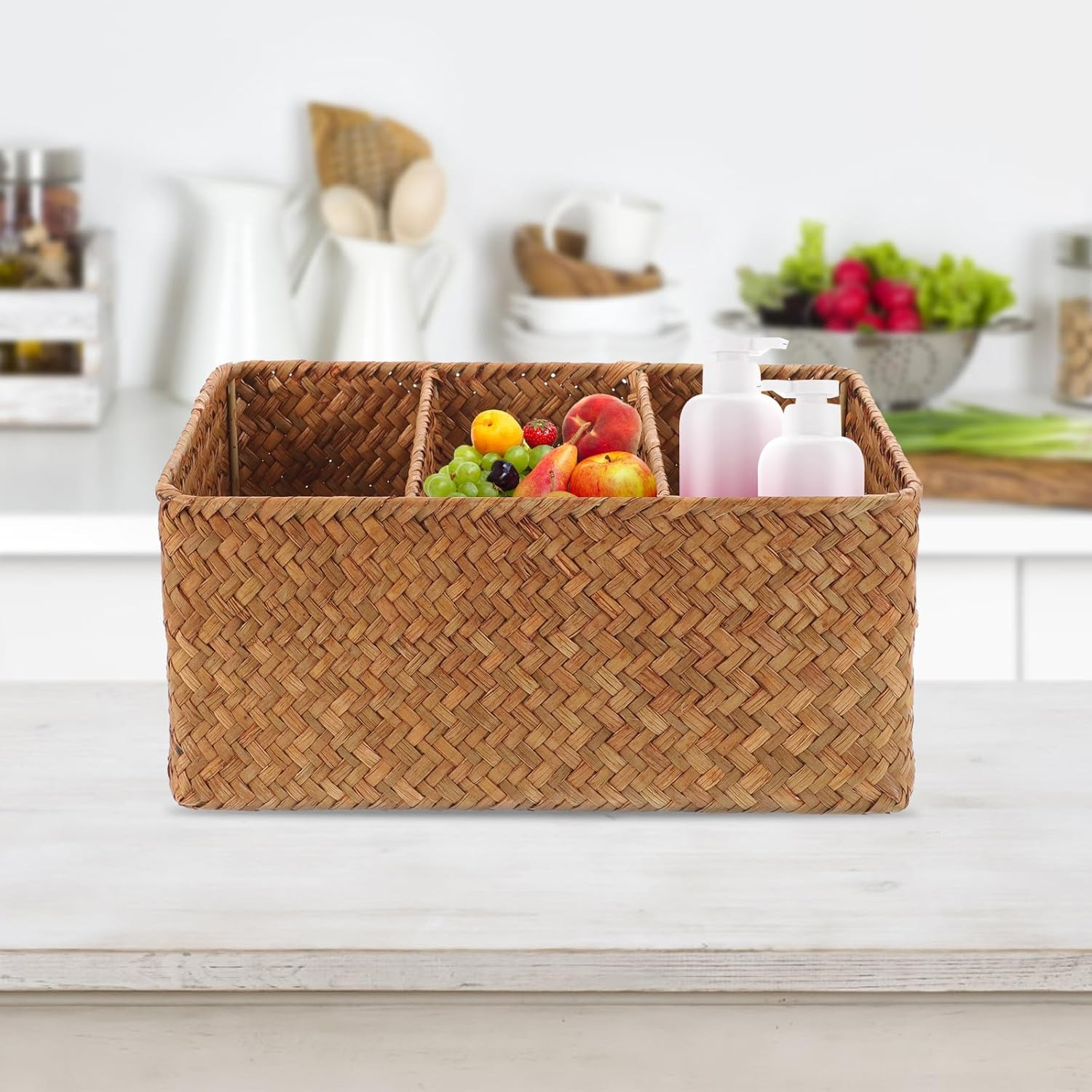ULTECHNOVO Seagrass 3-Compartment Storage Basket with Dividers, Hand-Woven Long Organizer Basket for Bathroom and Kitchen Counter, 28.5&times;18.5&times;13Cm High Storage Bin
