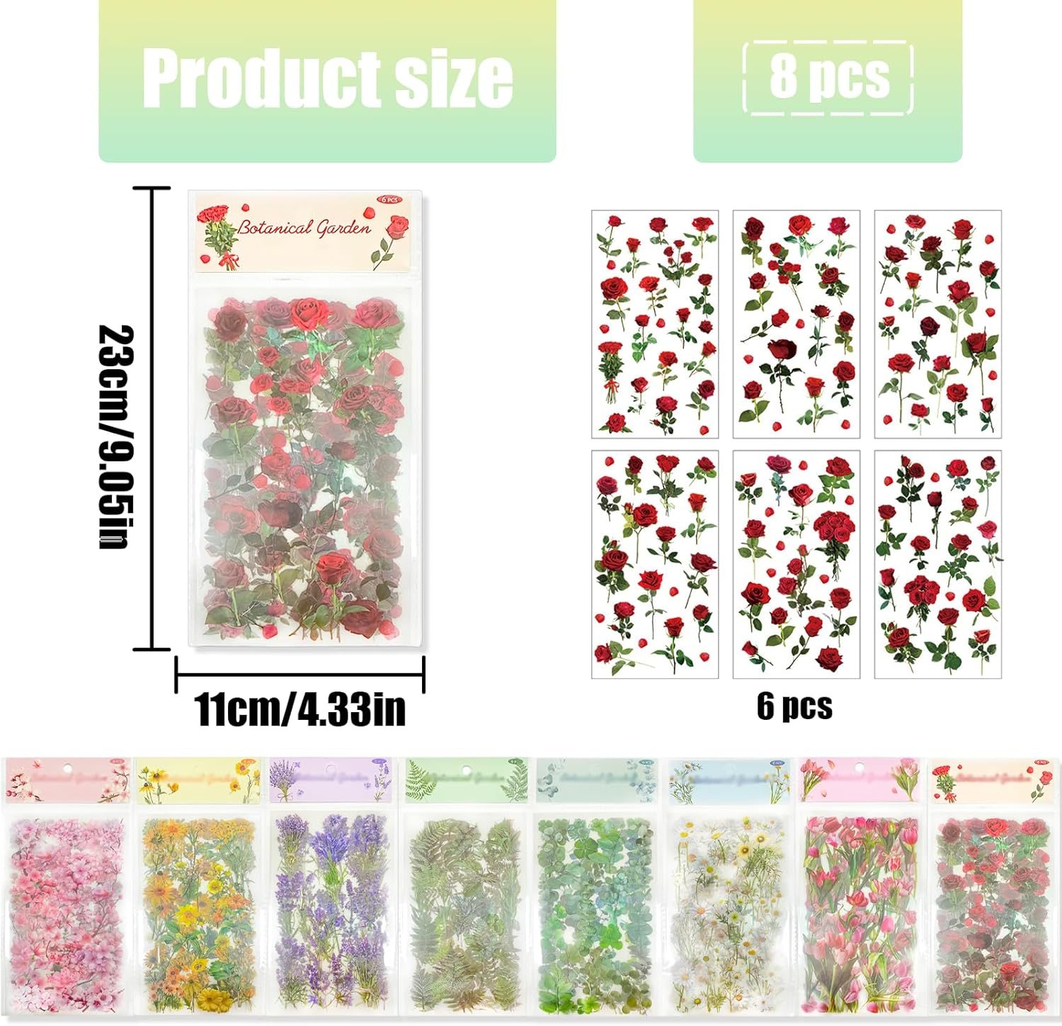 HAIKING Flower Plant Stickers, 48 Sheets PET Floral Stickers for Scrapbook, Journal, Album (8 Styles) image number 1