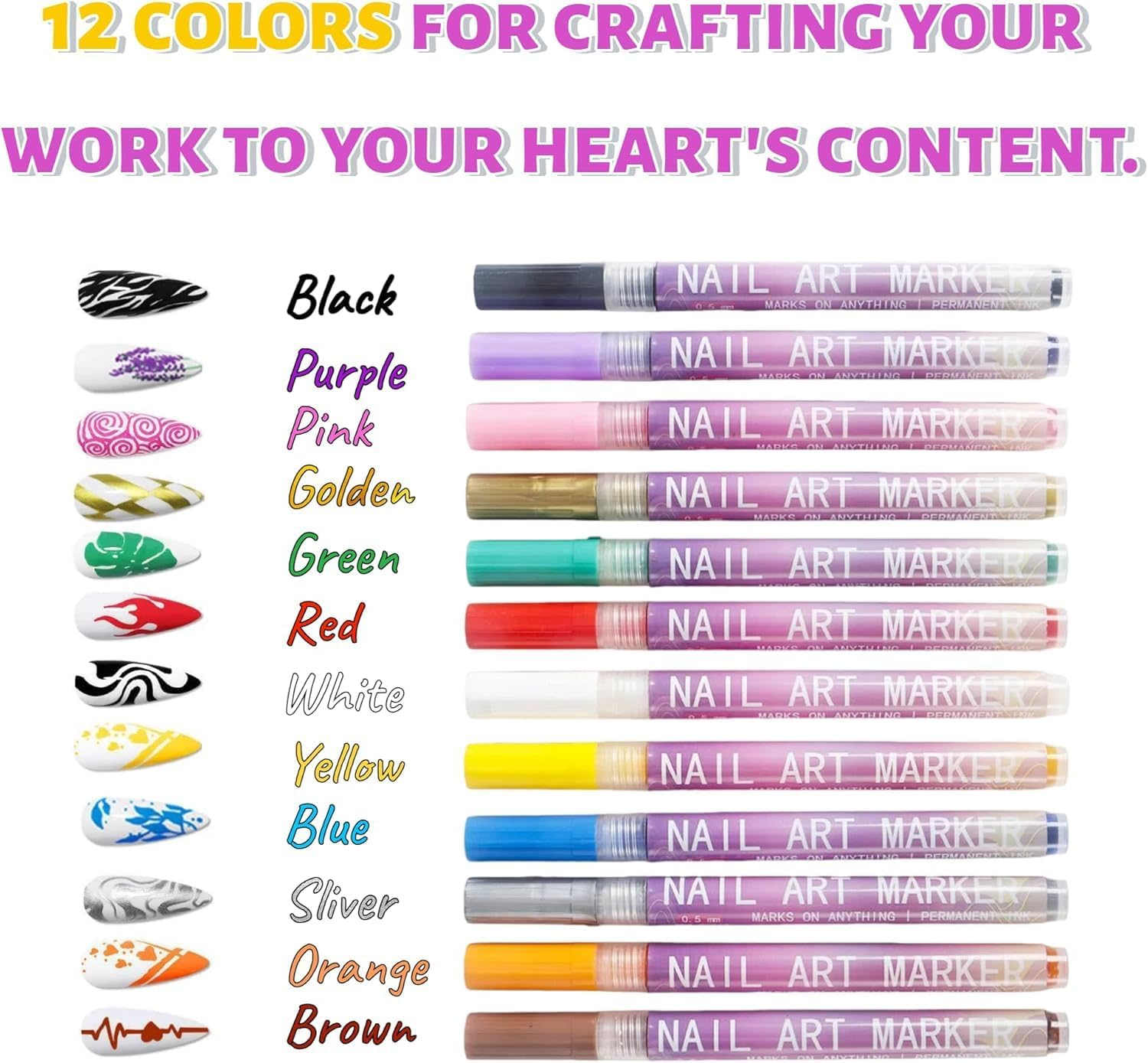 12 Colors Nail Art Pens Set，Nails Art Drawing Tool，3D Nail Polish Pens，Quick-Dry Gel Nail Markers for Graffiti Dotting Point Liner（0.5Mm） image number 5