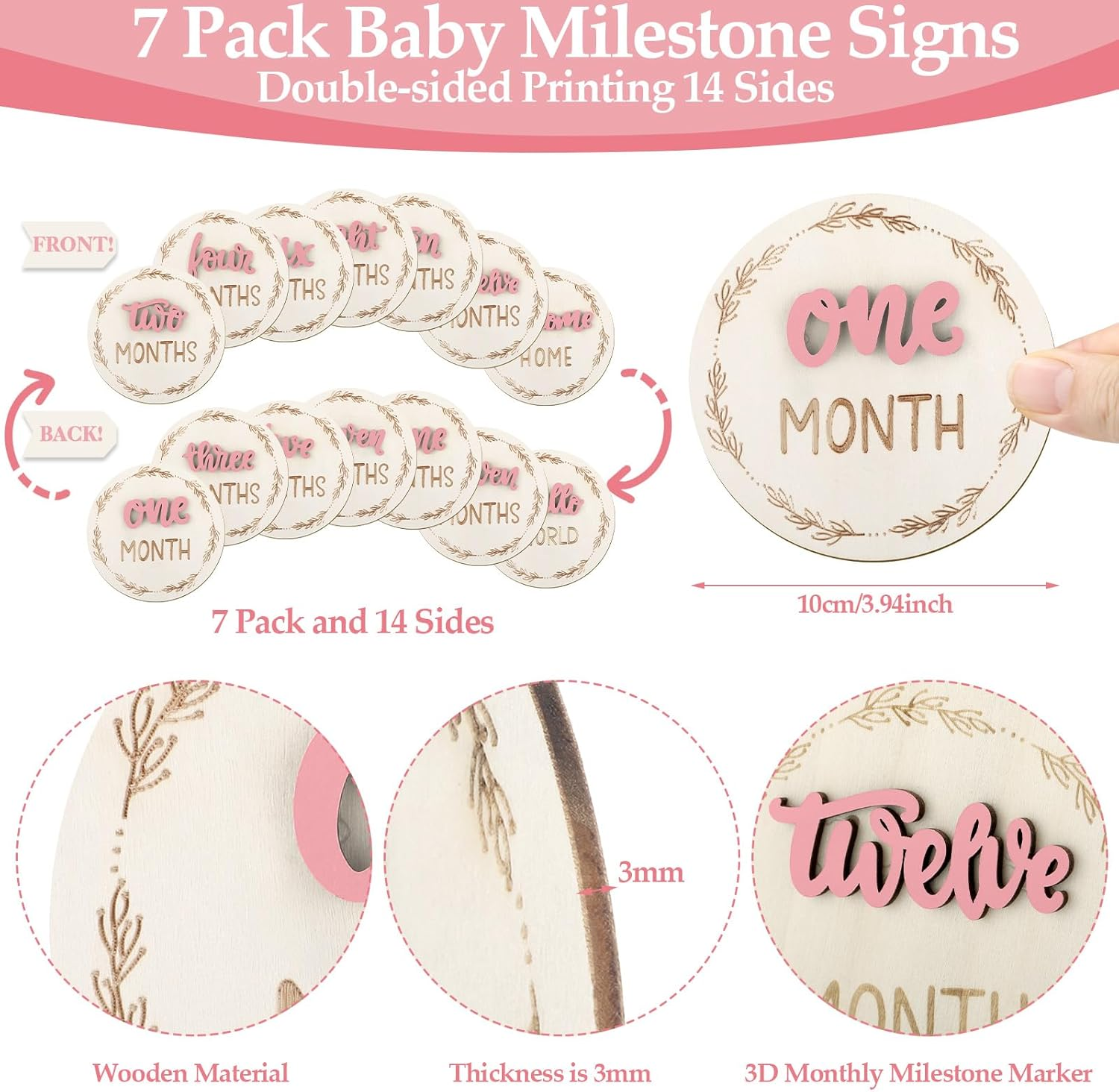 7 Pcs Baby Monthly Milestone Cards Sign, Double Sided 3D Baby Milestone Signs Baby Growth Cards Milestone Wooden Circles for Baby Boy Girls 1-12 Months Baby Milestone Pictures (Double Sided) image number 2
