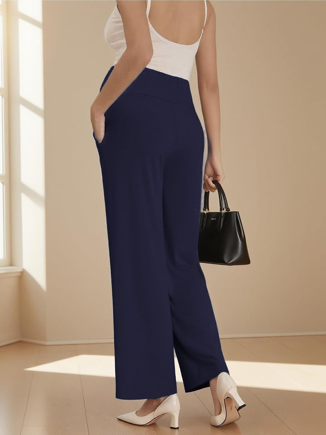 Ecavus 3-Pack Women'S Maternity Pants over Belly Soft Lounge Palazzo Pants Stretch Wide Leg Pregnancy Trousers with Pockets image number 1