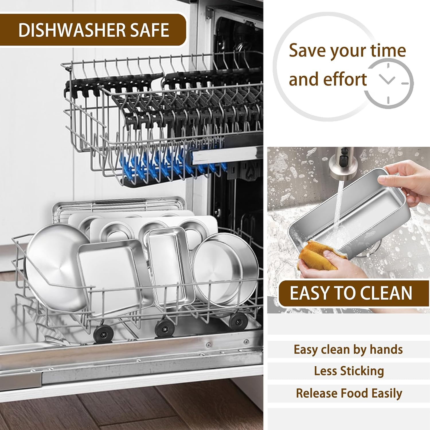 P&P Chef Stainless Steel Bakeware Set, 12-Piece Kitchen Baking Pans Set, Baking Sheet with Rack, Square Cake Pan with Lid, Lasagna Pan, Loaf Pan, Muffin Pan, Pizza Tray & 2 Covers, Easily Clean image number 3