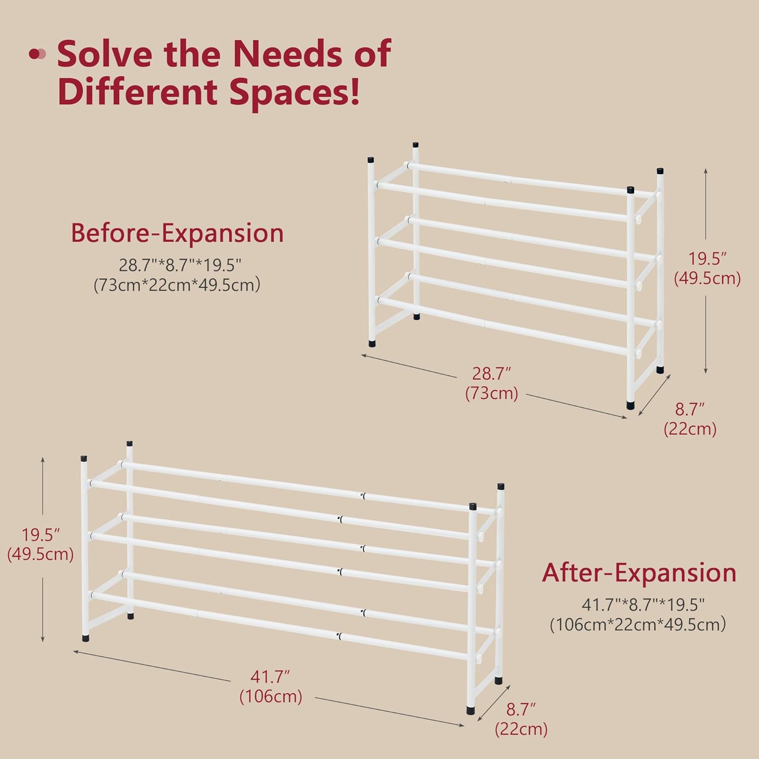 Tajsoon Expandable Shoe Rack for Closet 3 Tier, 28&ldquo;-41&ldquo;Adjustable & Stackable Shoe Shelf Storage, Metal Shoe Rack Organizer for Front Door Entrance, Closet, Garage, Entryway, White image number 2