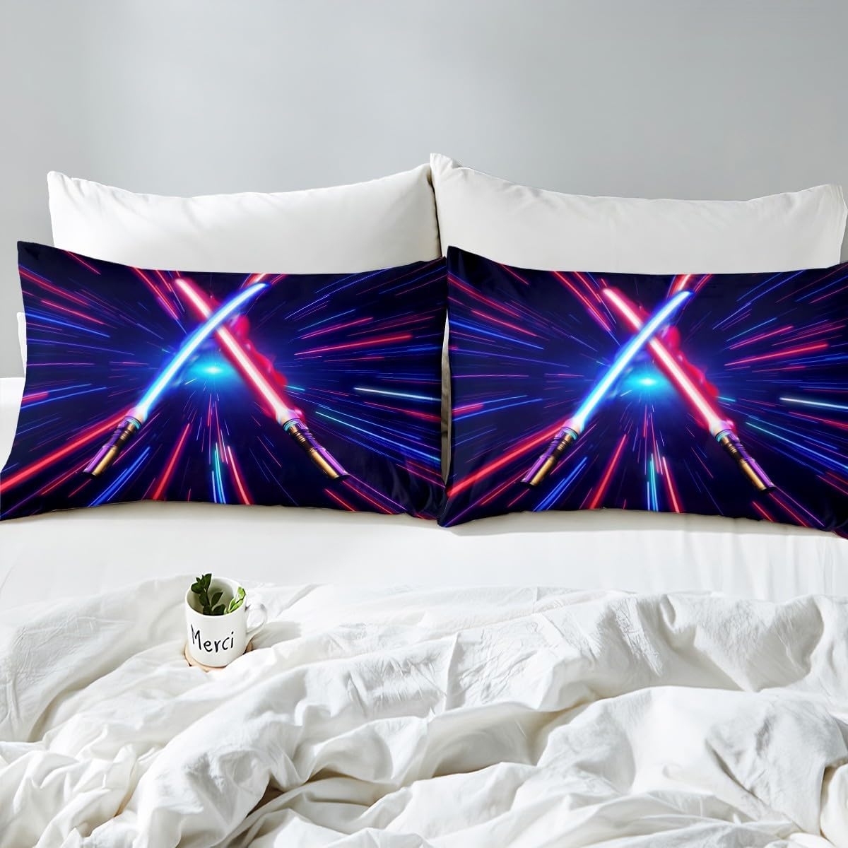 Lightsaber Duvet Cover Set Queen Size,Geometric Lines Gradient Bedding Set 3Pcs for Kids Teens Boys Room Decor, Future Technology Metaverse Comforter Cover Red Blue Quilt Cover with 2 Pillowcases image number 4