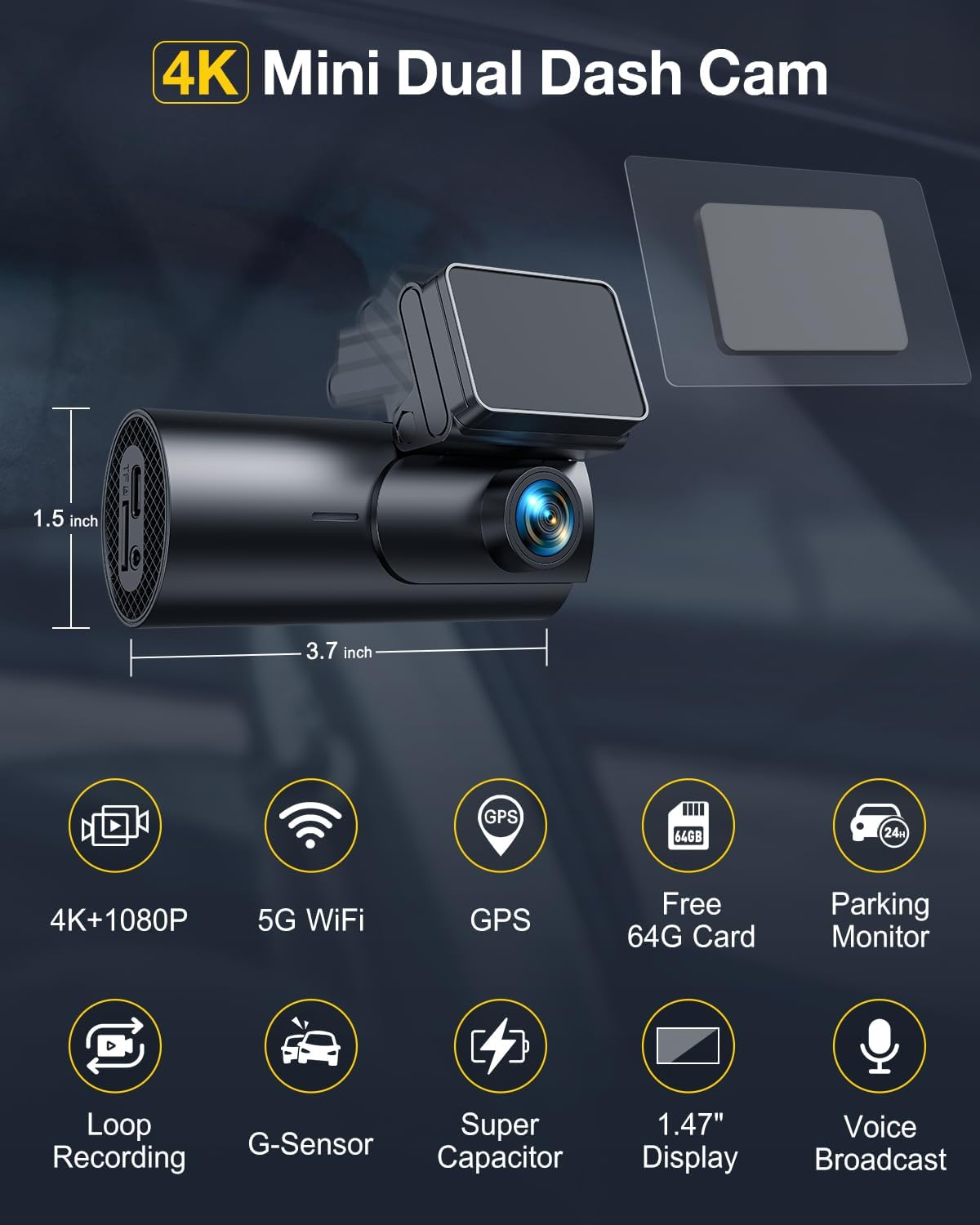 GKU Dash Cam Front and Rear Camera,4K+1080P, 5.8Ghz Wifi & GPS Dash Camera for Cars,With 64G Sdcard,1.47" Display Dashcam, 24Hparking Mode,App Control,Super Night Vision,Wdr,Support Max 256GB image number 6