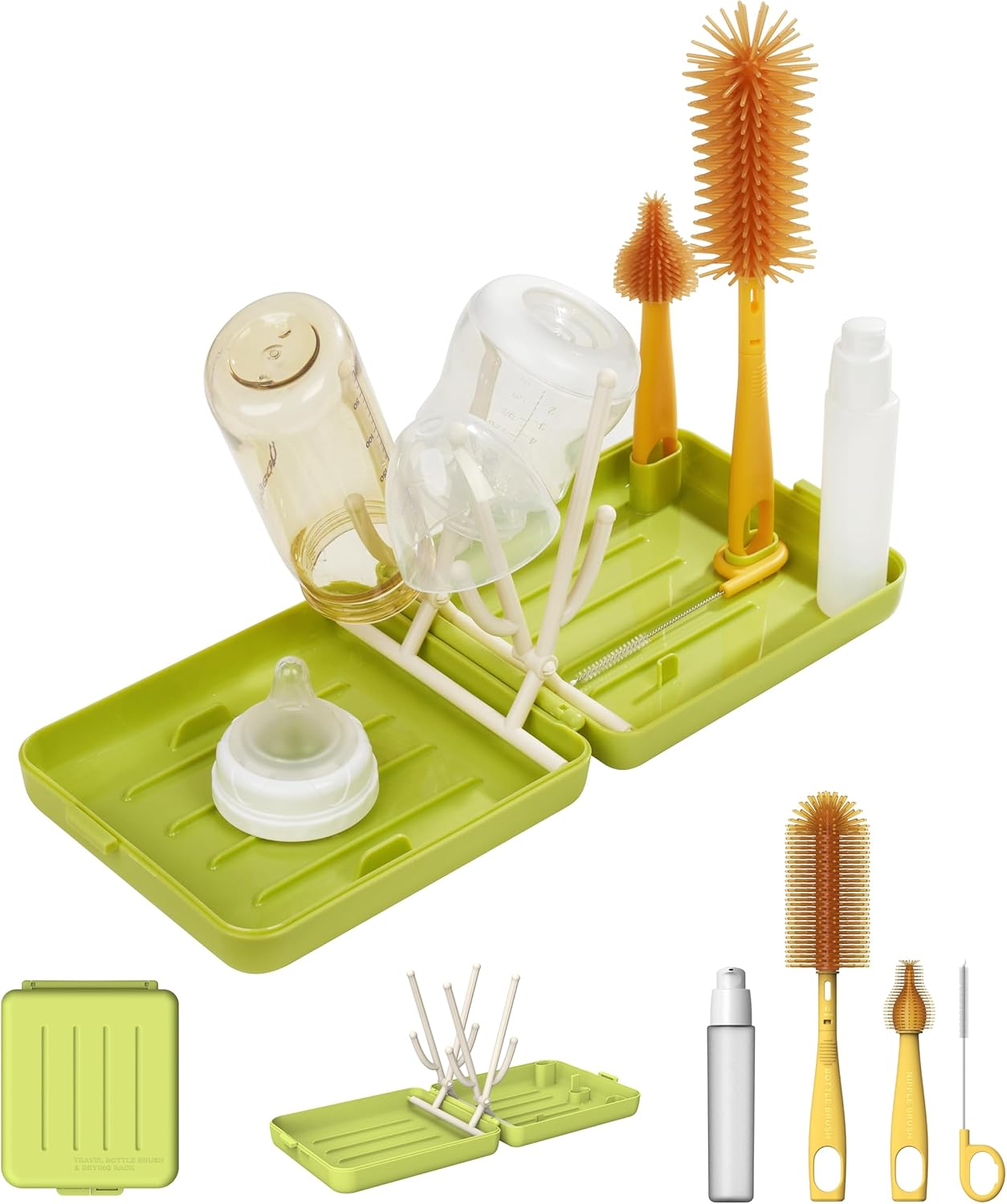 Zoltrax Bottle Brush Set,Baby Bottle Cleaner Kit,Nipple Brush, Straw Brush, Soap Dispenser, Drying Rack and Travel Storage Case,6 in 1 Bottle Cleaning Baby Essential Tool for Home and Travel (Green)