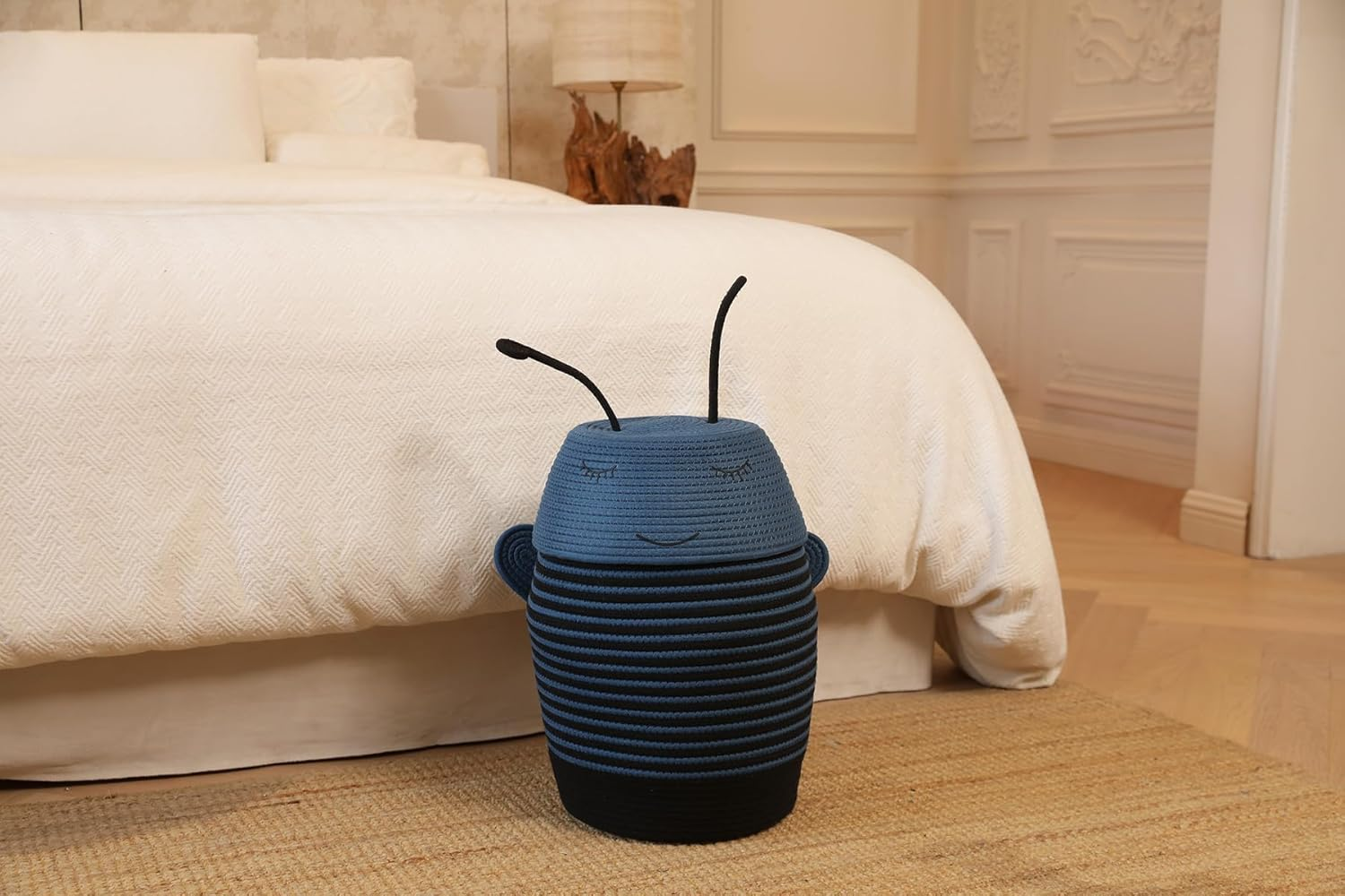 Cottonphant Handcrafted Animal Inspired Basket with Lid | Cotton Storage Solution for Organization in Bedroom | Perfect Organizer for a Shower or Retreat (Dark Blue Bee, 12"X18") image number 5