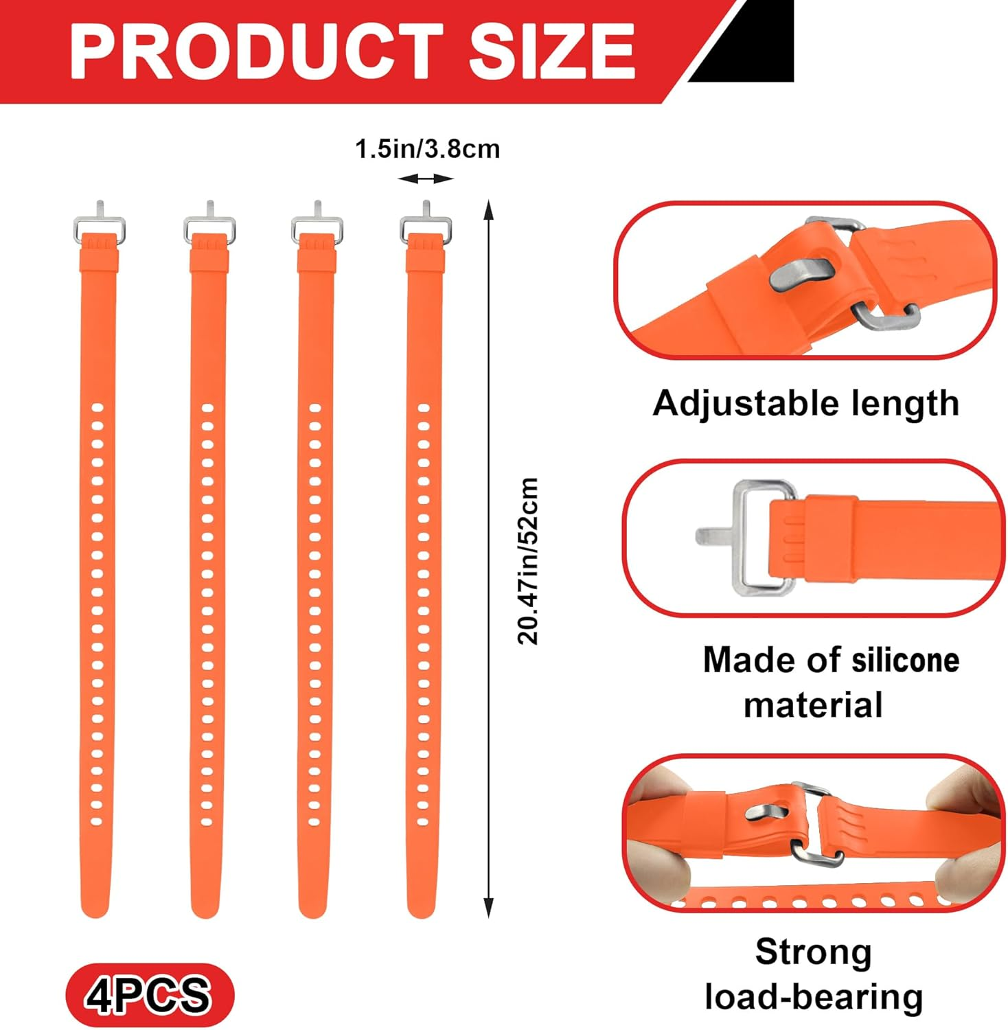 4Pcs Adjustable Utility Straps with Buckles, YITOBA 20 Inch Silicone Tie Downs, Mini Industrial Straps with Holes for Securing Skis, Field Repair, Garden Hoses, Tools (Orange) image number 4