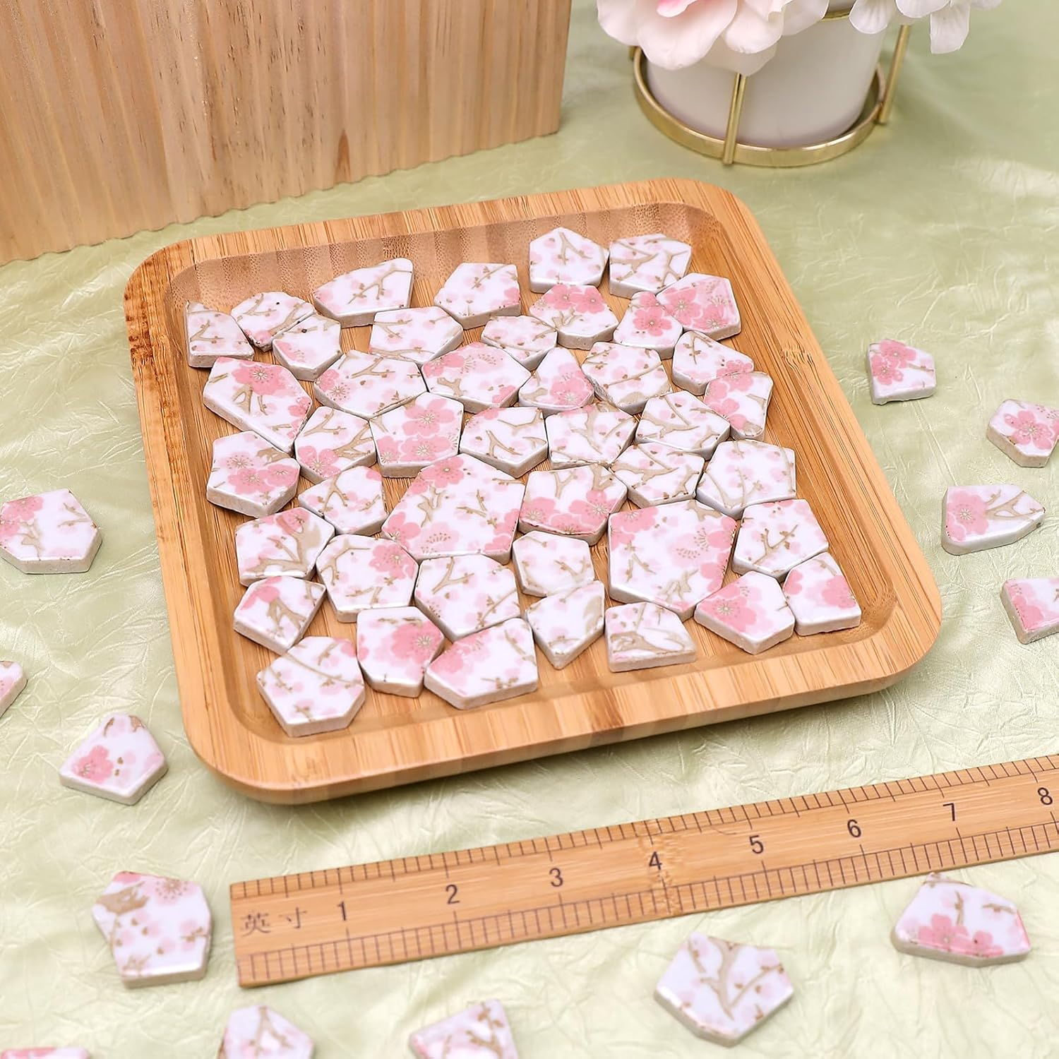 Yatinkim 500G Ceramic Mosaic Tiles Irregular Broken Porcelain Pieces DIY Decoration Pink Flower Glazed Bulk Making Supplies Art Projects Making Home Kitchen Floor Pool Plates image number 6