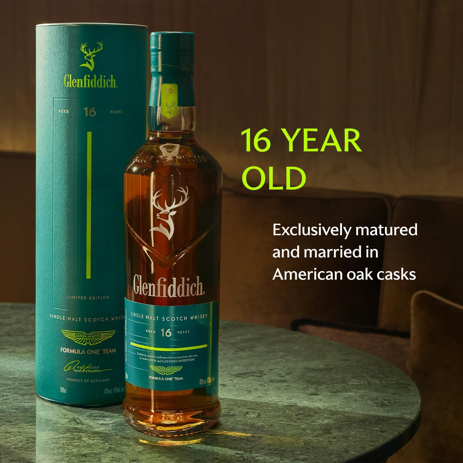 GLENFIDDICH 16 Year Old Single Malt Scotch Whisky &ndash; Limited Edition &ndash; Rich & Layered Sweetness &ndash; Matured & Married in American Oak Casks &ndash; in Partnership with Aston Martin F1&reg; Team &ndash; 43% ABV &ndash; 750Ml