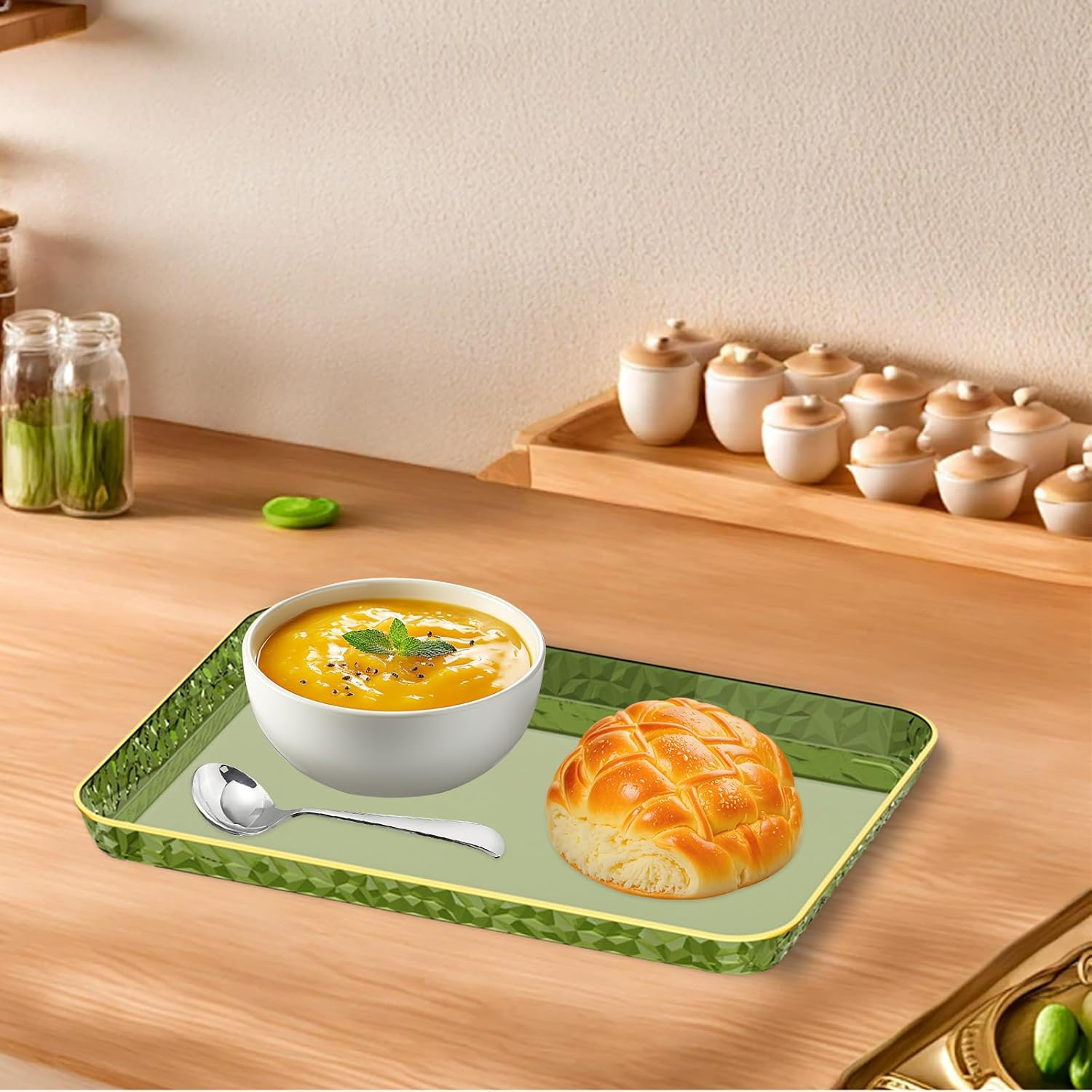 Fkereg Rectangular Food Serving Tray with Raised Gold Embossed Rim, 37 X 25.7 Cm Reusable Plastic Party Platters Plates, Decorative Fast Food Cafeteria Tray for Tea Fruits Desserts Appetizer, White image number 1