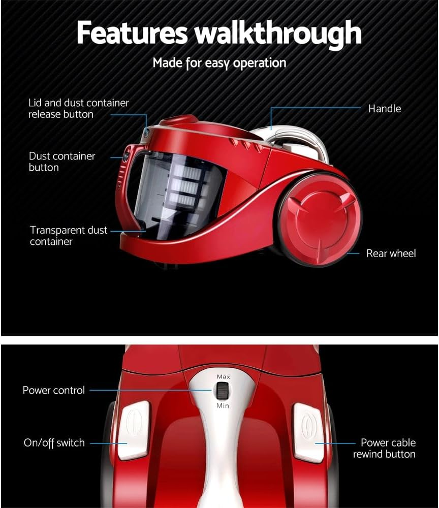 Devanti Vacuum Cleaner Strong Suction Handheld Hand Held Vacuums Bagless 2200W Cyclone Cyclonic Car Cleaners Home Red Compact Dustbuster Sweeper Dust Buster Portable for Car Stairs - Red image number 3