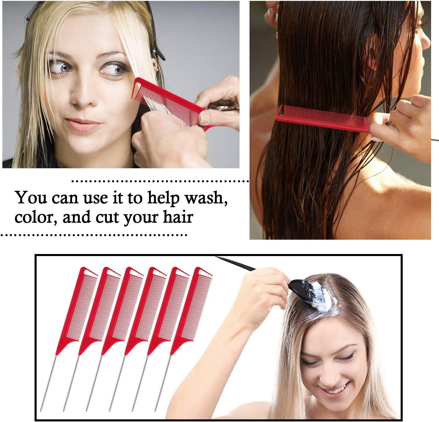 30 Pieces Parting Comb for Braids Hair Rat Tail Comb Steel Pin Rat Tail Carbon Fiber Heat Resistant Teasing Combs with Stainless Steel Pintail (Red) image number 6