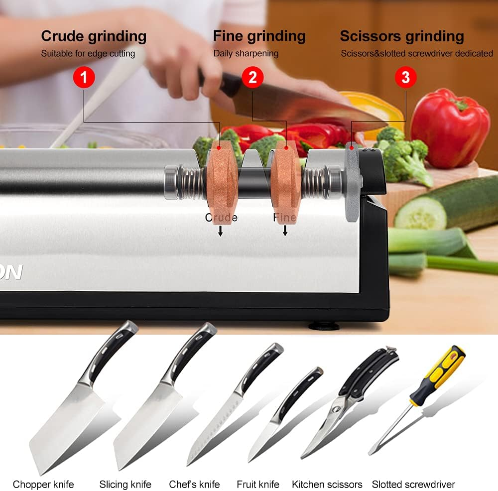 Rechargeable Electric Knife Sharpener, KYOEON Versatile Diamond Hone Professional Knife Sharpener for Straight Edge Knives,Scissors and Slotted Screwdriver,15 Degree 4-Stage(Silver) image number 6