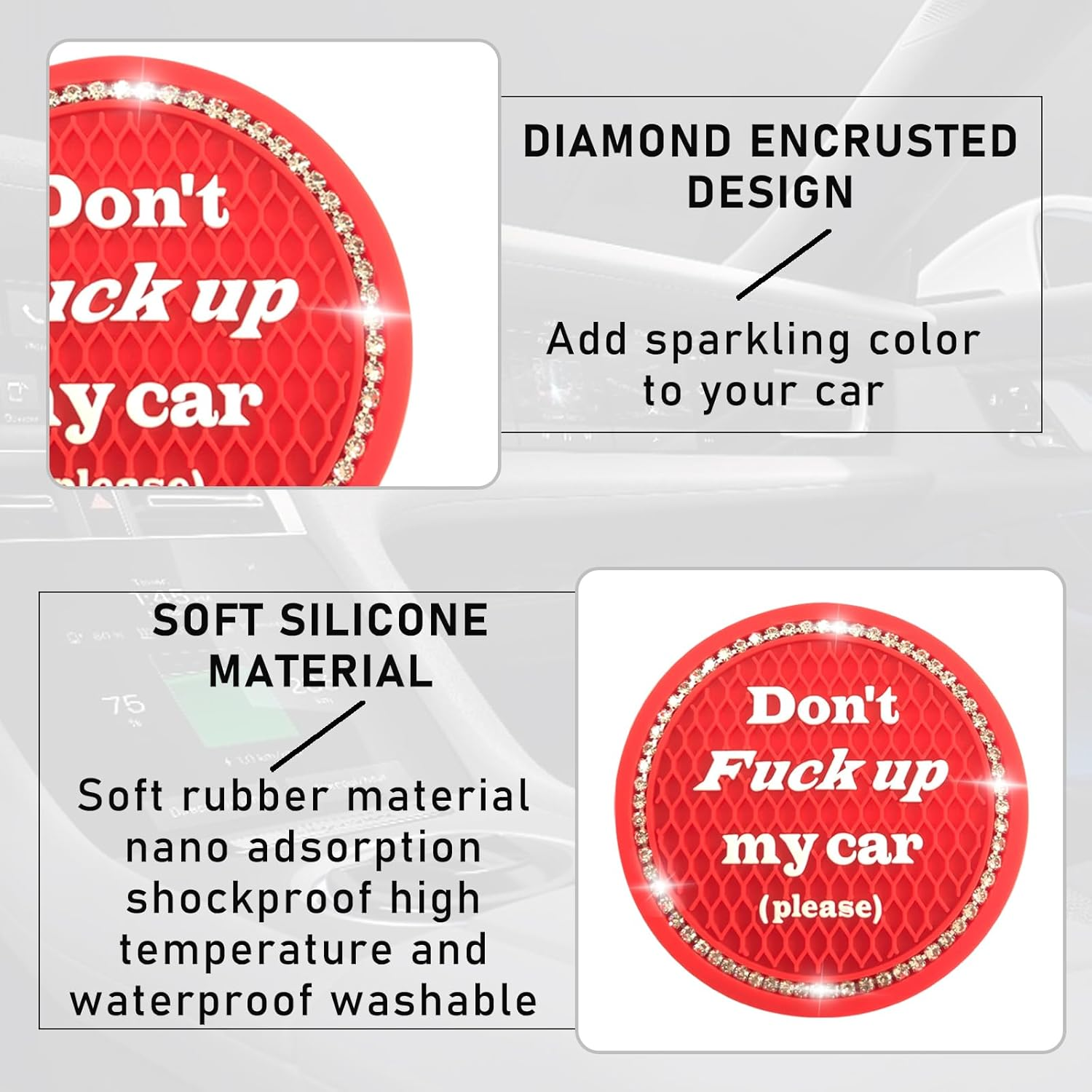 Kewucn 2 Pack Bling Car Cup Holder Coasters, 2.77 Inch Anti-Slip Soft Rubber Crystal Rhinestone Auto Cup Insert Pad, Universal Vehicle Interior Decor Accessories for Car SUV Truck (Red) image number 7