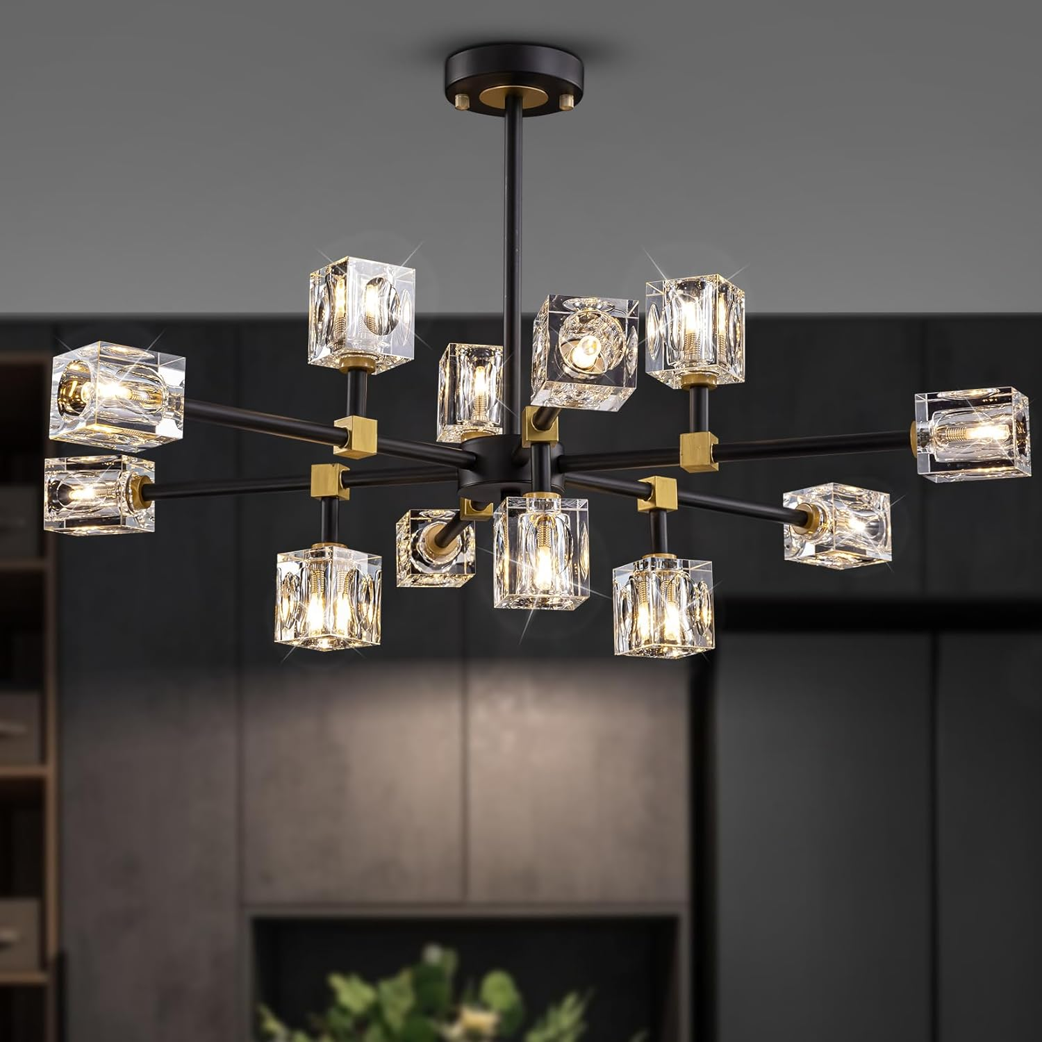 Modern Crystal Pendant Light, Black and Gold Linear Chandelier,8-Light Kitchen Light over Island,Dining Room Handing Ceiling Light Fixture for Living Room