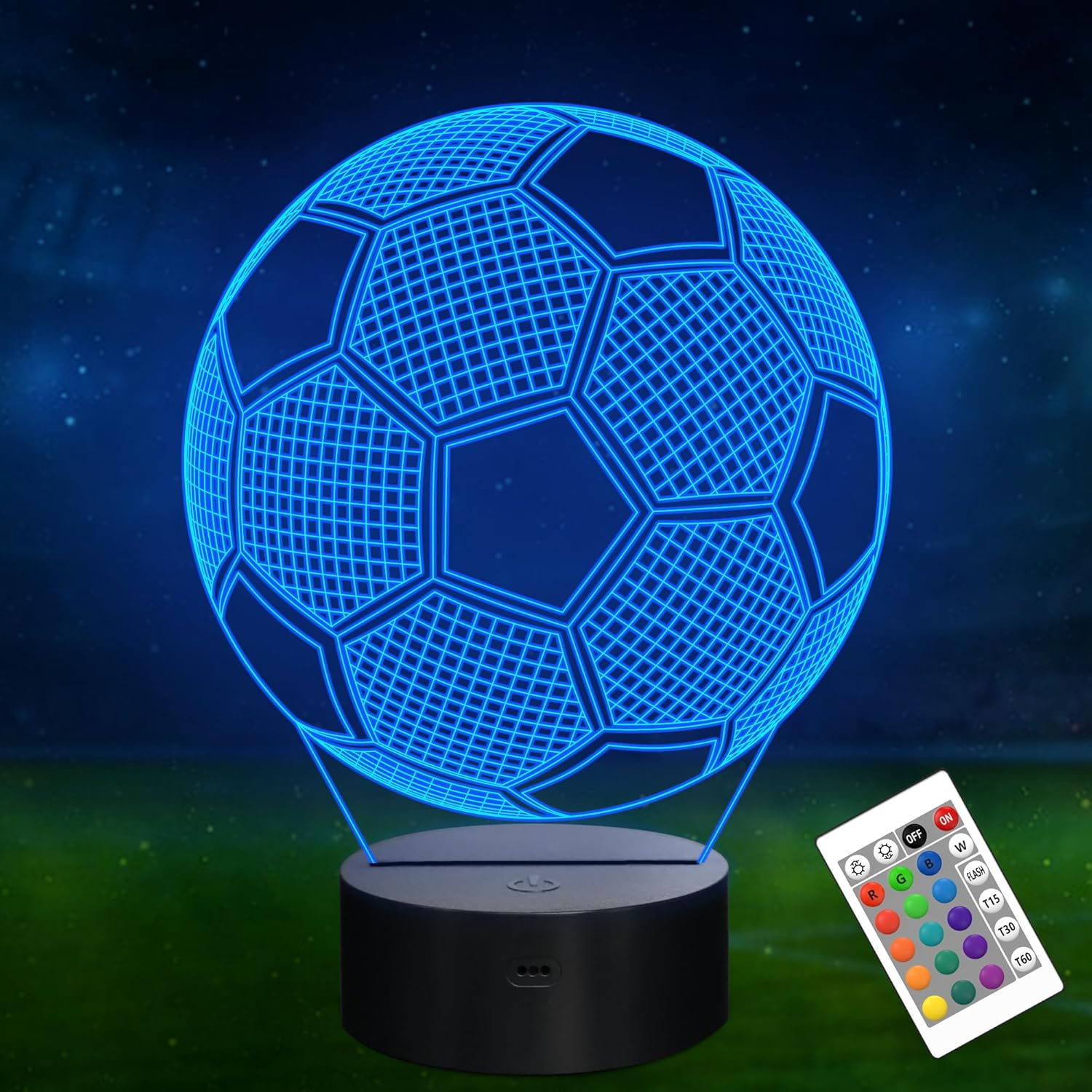 FULLOSUN Soccer Kids Night Light, 3D Football Optical Illusion Lamp Timer & Remote Control with 16 Color Changing Great Bedroom Decoration for Sports Fan Toddler Men Friends