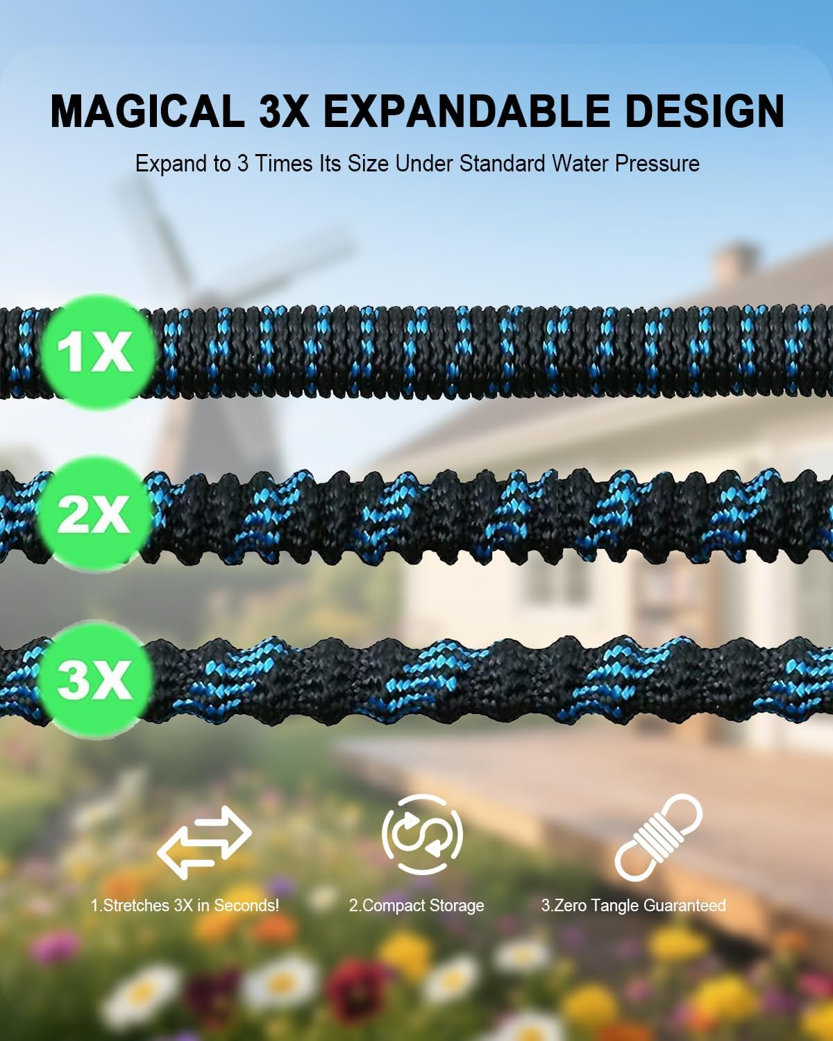 Expandable Garden Hose, with 8-Mode Spray Nozzle, Universal Adapter for 1/2" & 3/4", Flexible Retractable Water Hose for Car Wash, Lawn, Garden, and Outdoor Cleaning (Black and Blue, 15 Meter) image number 3