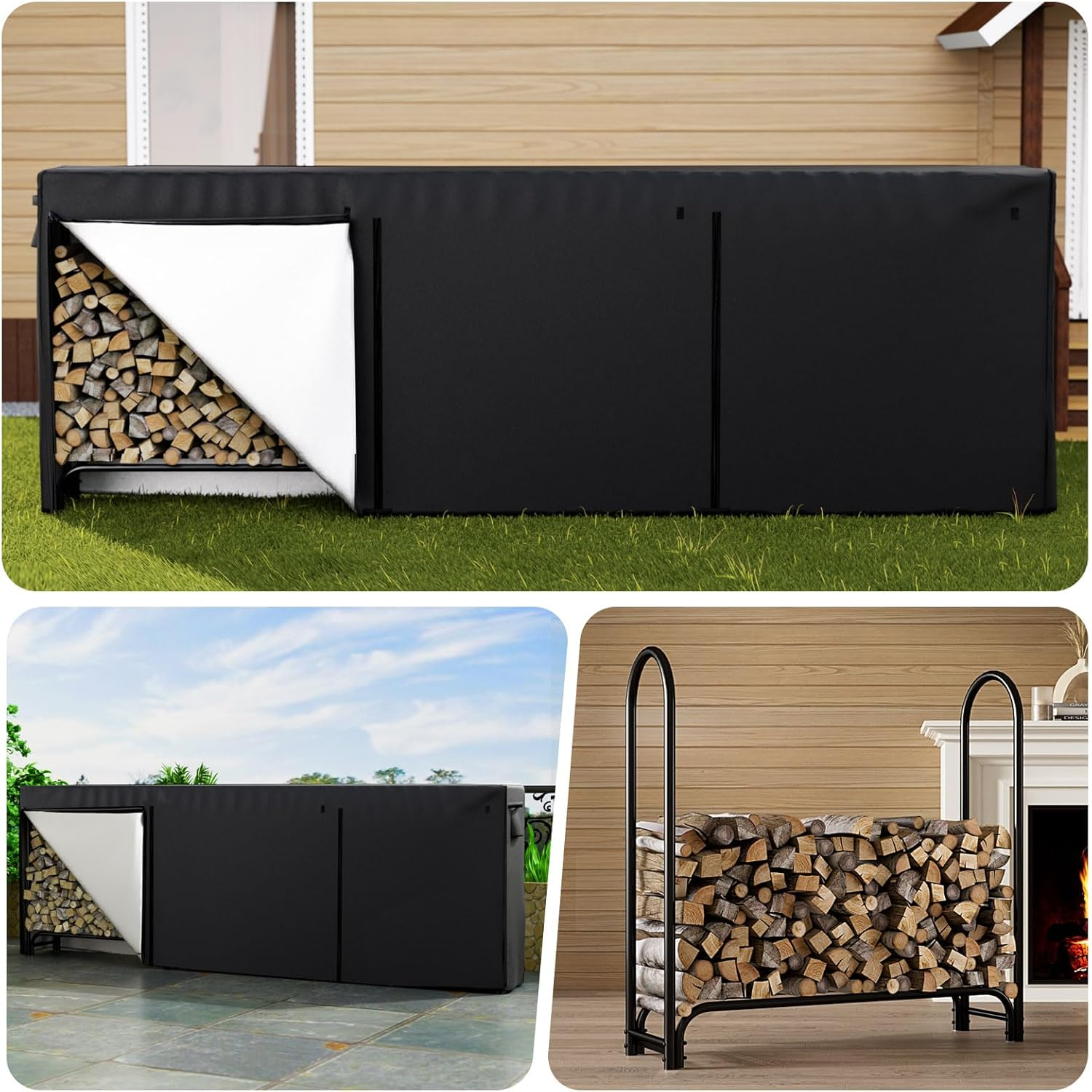 Moyasu 11.8 FT Firewood Rack with Waterproof Cover, Heavy Duty Wood Rack for Indoor Outdoor, Fire Wood Storage Rack with Side Pocket, Log Racks for Firewood,Wood Pile Stacker Firewood Holder, Black image number 2