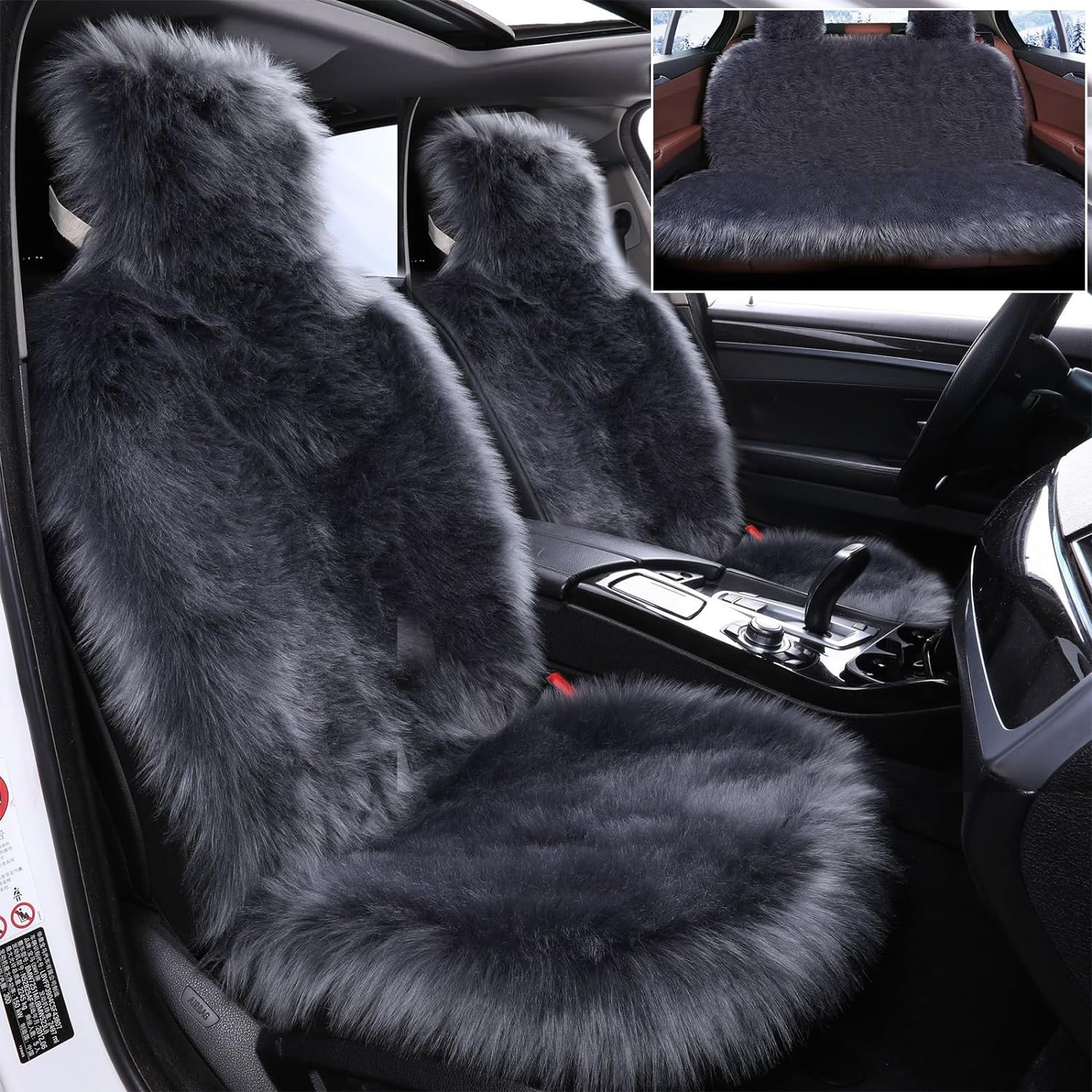 Universal Sheepskin Car Seat Covers, 3Pcs Full Sets, Anti-Slip Long Fluffy Auto Front Seat Covers, Luxury Fur Rear Bench Car Seat Cover, Car Seat Pads Winter Warm Accessories