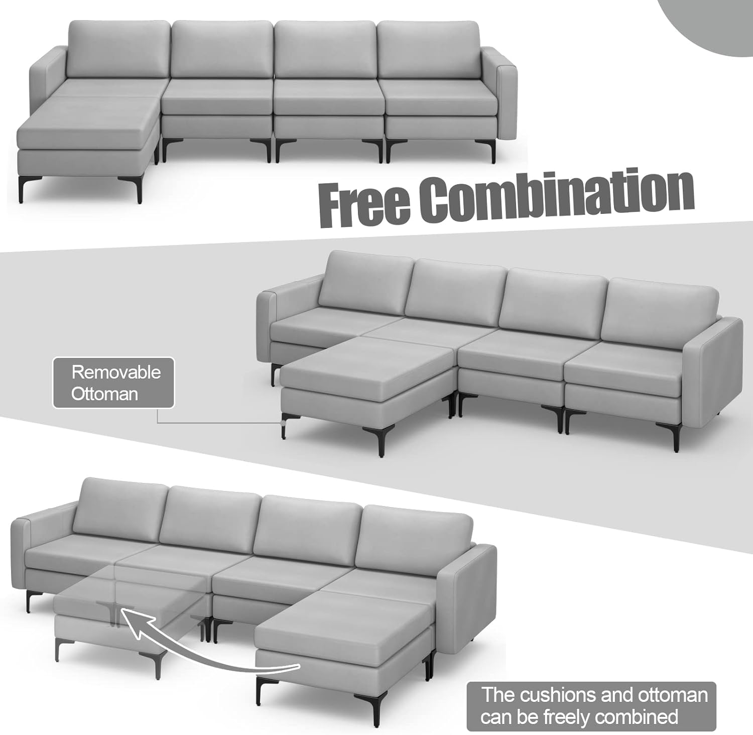 Costway Modular L-Shaped Sofa with Chaise, Sectional Sofa Couch with Reversible Ottoman, Armrest Organizer, Built-In Socket & USB Ports, Storage Space, Convertible Sectional Couch for Living Room