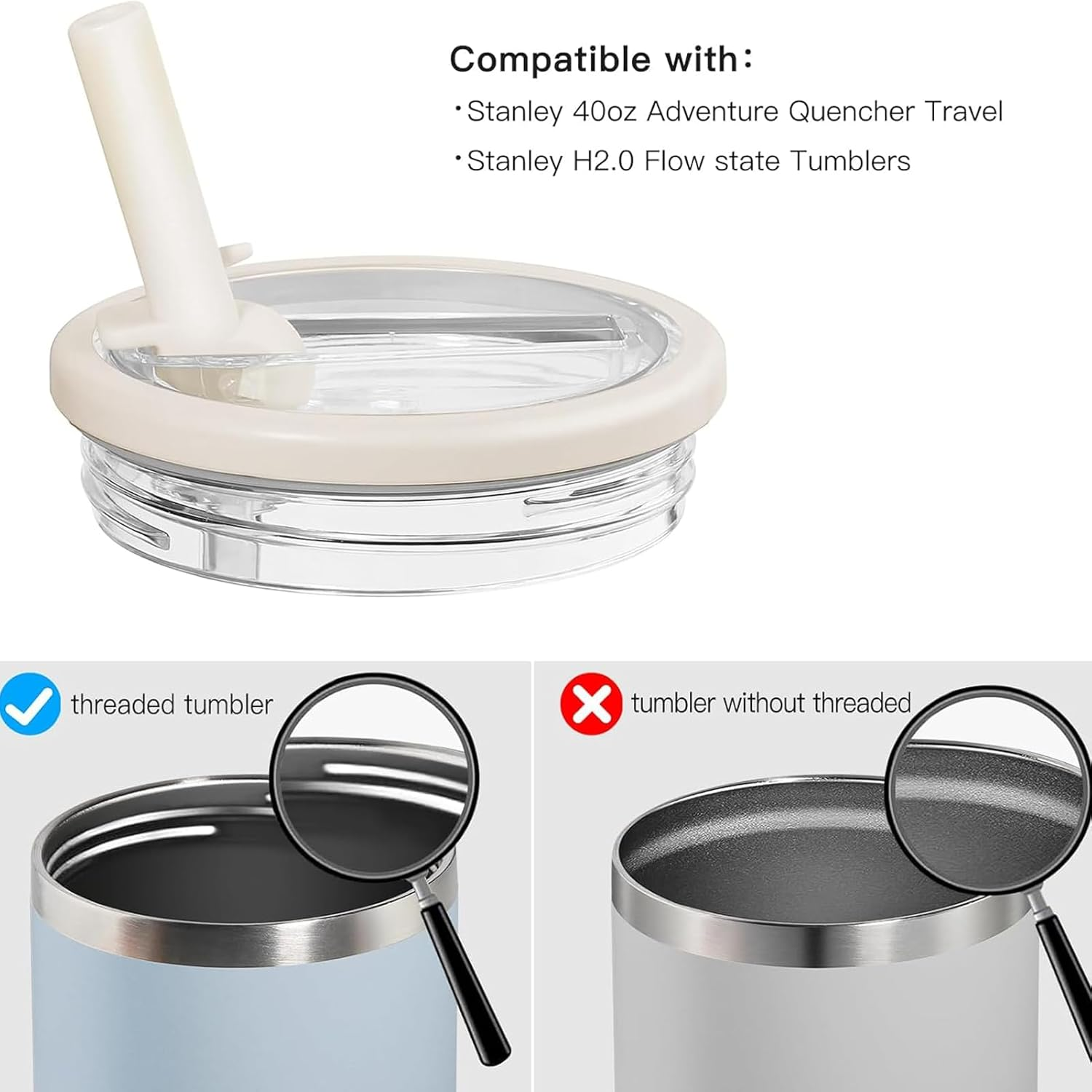 40 Oz Tumbler Flip Straw Lid Replacement Fit for Stanley Quencher, Leak-Proof Splash Resistant Tumbler Lids,Reusable Tumbler Cover for Stanley Cup (2 Pack Cream White) image number 4