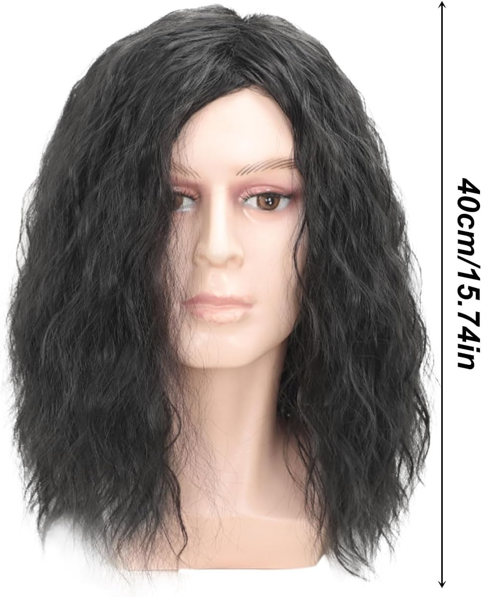 TSHAOUN Mens Long Black Wig, 16Inch Mid Length Mens Curly Hair Wig for Adults, 70S 80S Fancy Dress Party Wigs for Costume Cosplay Halloween (Black) image number 5