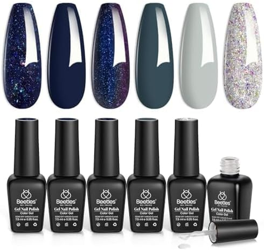 Beetles Gel Polish Gel Polish Set- 6 Colors Starry Nightfall Sparkly Navy Blue Gel Nail Polih Sliver Glitter Gel Polish Kit Nail Art Design Soak off Uv Nail Lamp Gel Nail Kit Gel Nail Polish Colors image number 5